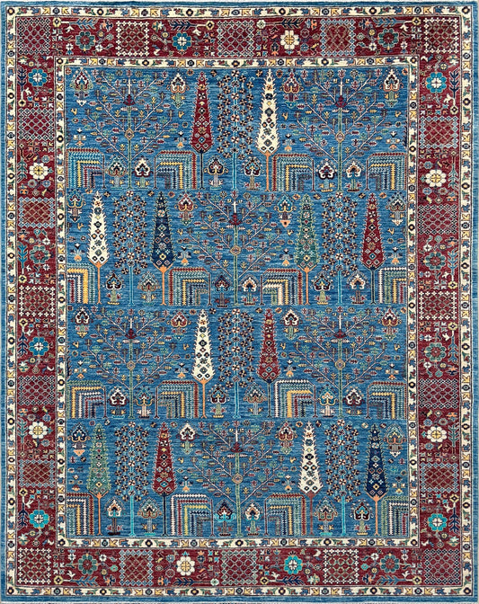 Brand new 9x12 Tree of Life Turkish rug – sky blue with deep crimson, ivory, and gold accents. Perfect for bedroom, living room, or dining area. High-quality, handmade wool rug from the best rug shop in San Mateo, SF Bay Area. Free shipping available.