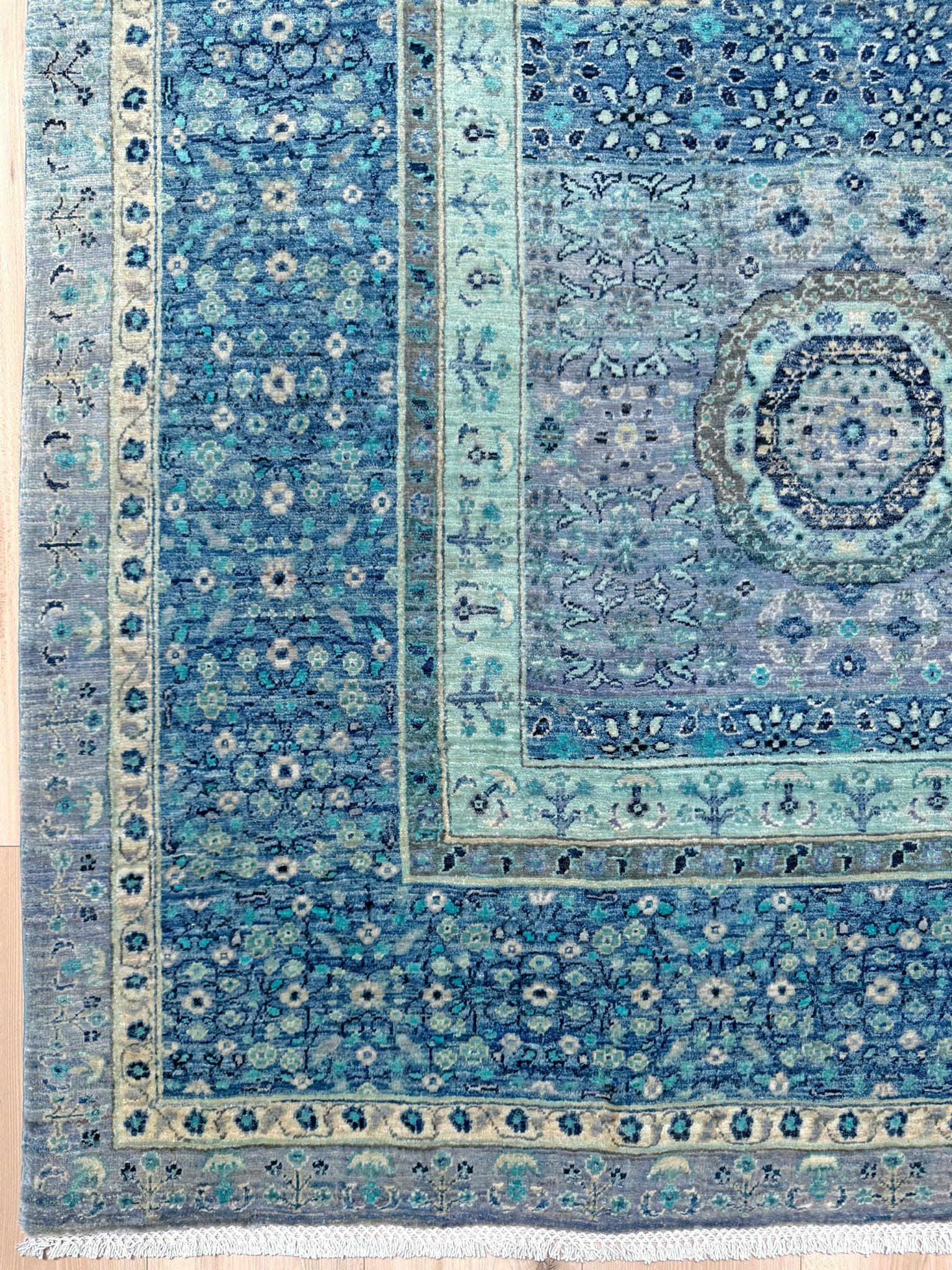 9x12 blue Mamluk transitional rug 50x50 quality handmade wool from best rug shop Burlingame CA SF Bay Area, free shipping, perfect for bedroom, living room, or dining room, rich character and intricate design