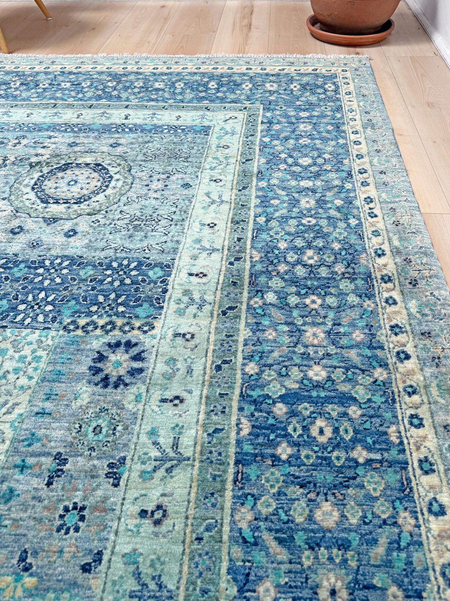 9x12 blue Mamluk transitional rug 50x50 quality handmade wool from best rug shop San Mateo SF Bay Area, free shipping, perfect for bedroom, living room, or dining room, rich character and intricate design