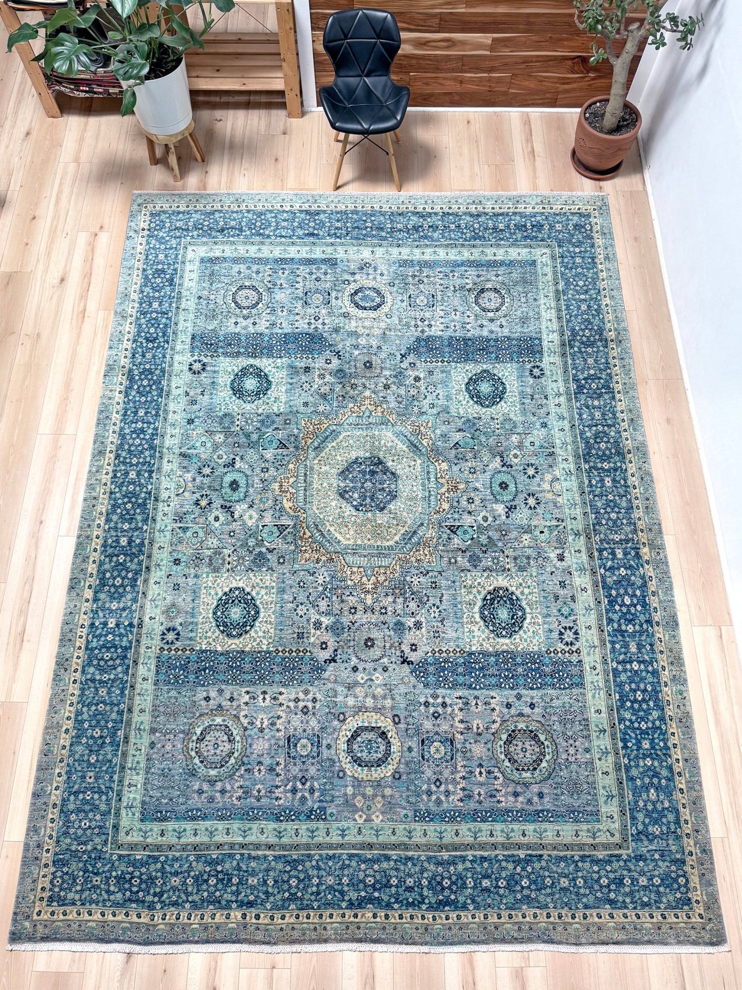 9x12 blue Mamluk transitional rug 50x50 quality handmade wool from best rug shop San Mateo SF Bay Area, free shipping, perfect for bedroom, living room, or dining room, rich character and intricate design