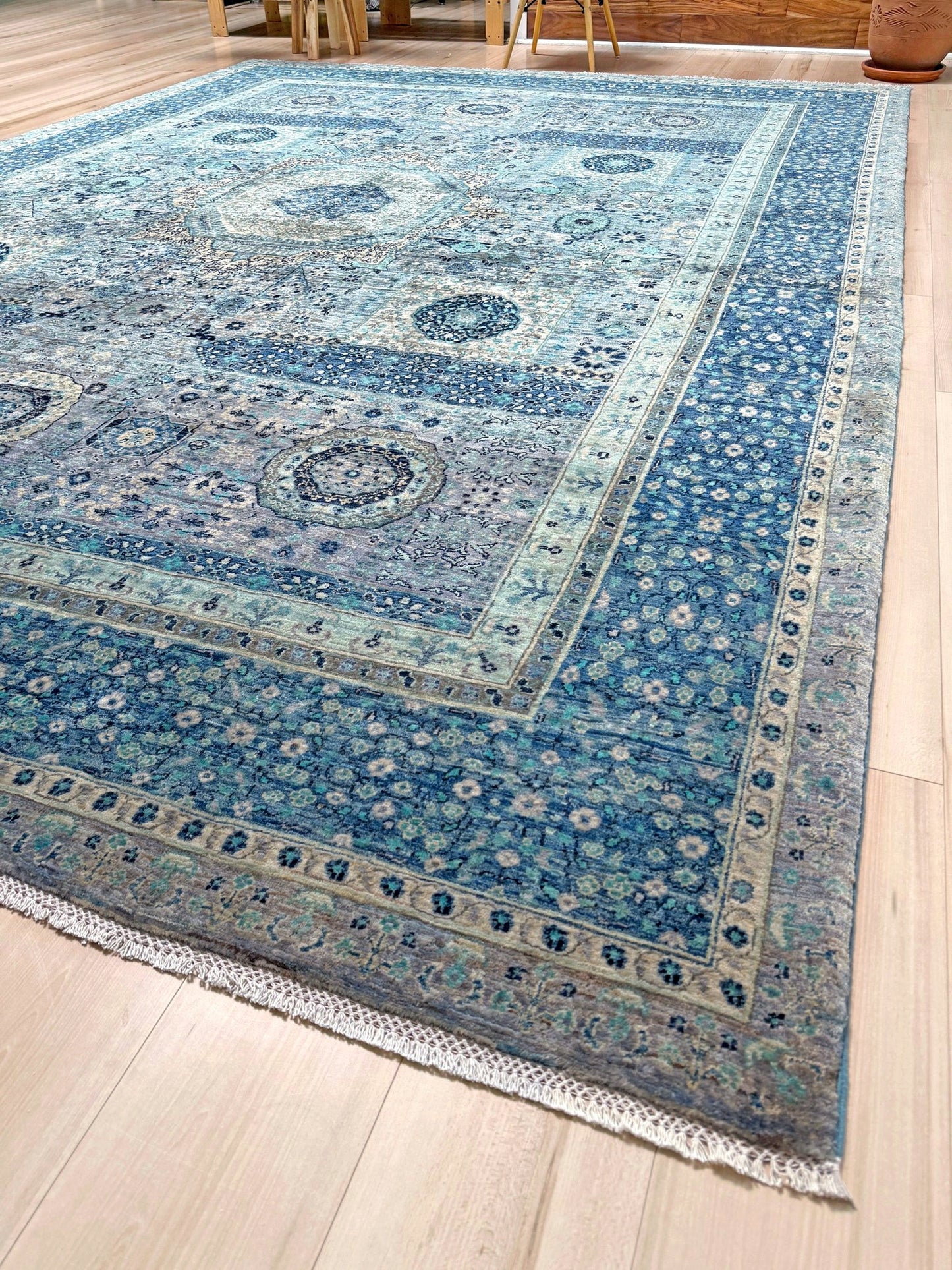 9x12 blue Mamluk transitional rug 50x50 quality handmade wool from best rug shop San Mateo SF Bay Area, free shipping, perfect for bedroom, living room, or dining room, rich character and intricate design
