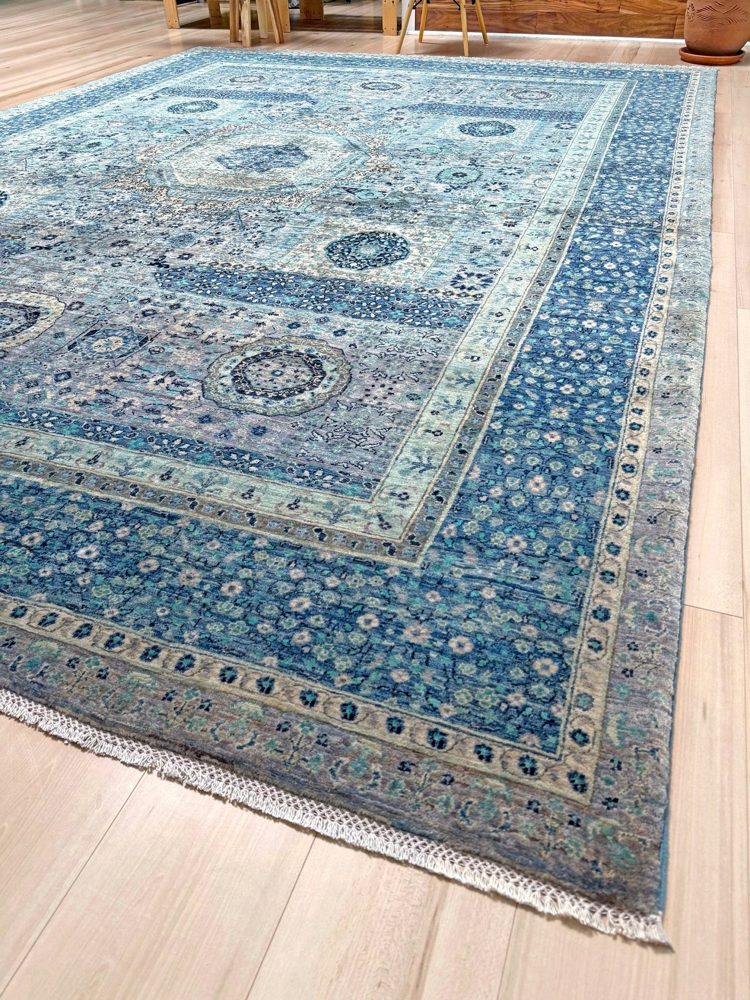 9x12 blue Mamluk transitional rug 50x50 quality handmade wool from best rug shop San Mateo SF Bay Area, free shipping, perfect for bedroom, living room, or dining room, rich character and intricate design