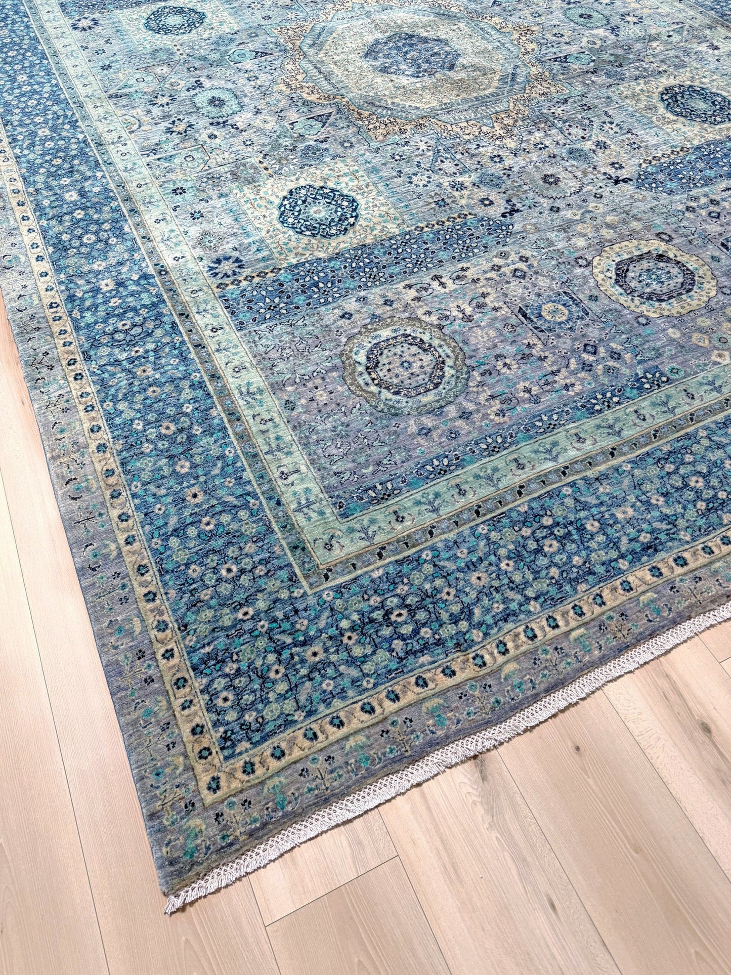 9x12 blue Mamluk transitional rug 50x50 quality handmade wool from best rug shop San Mateo SF Bay Area, free shipping, perfect for bedroom, living room, or dining room, rich character and intricate design