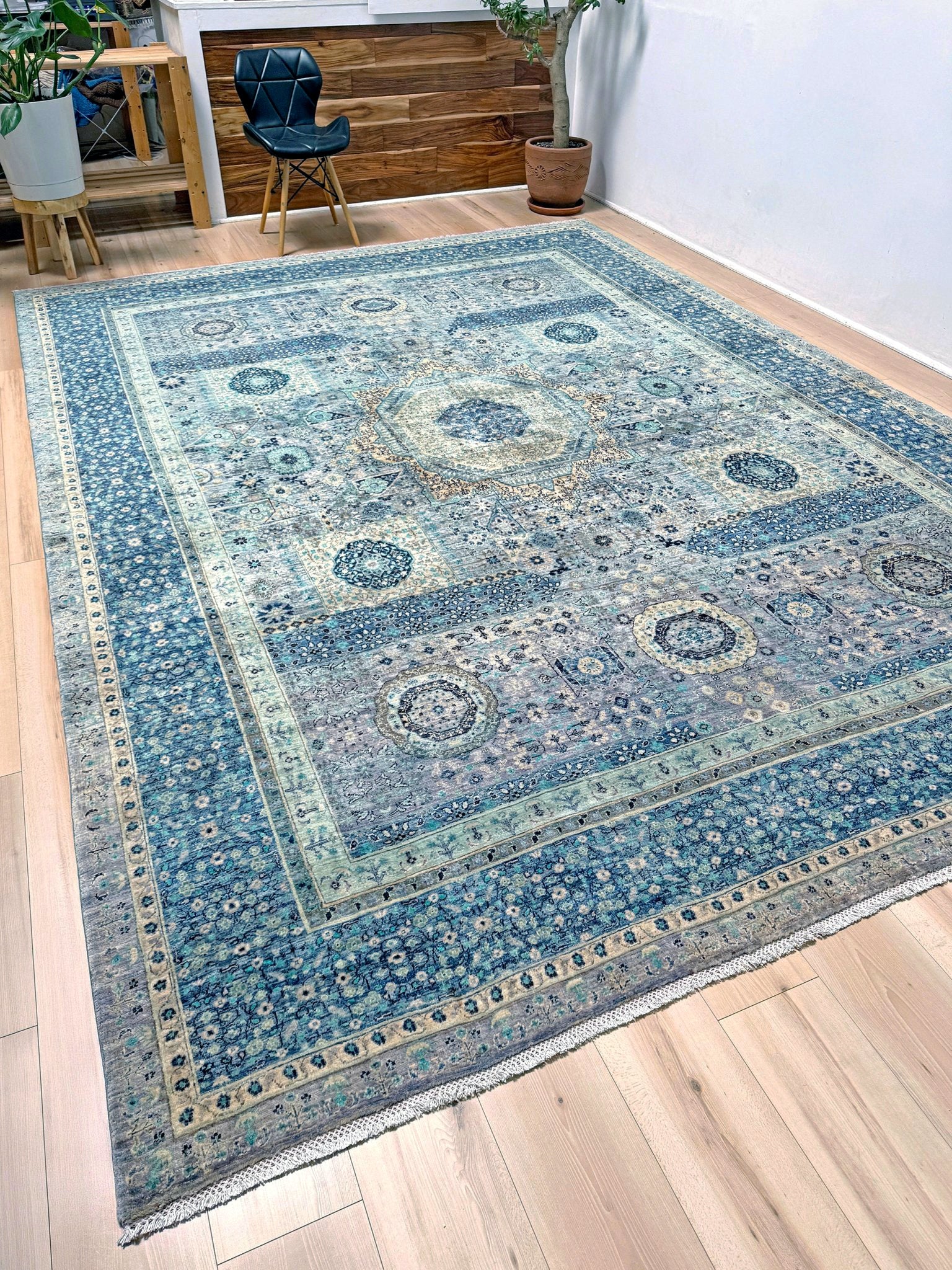 9x12 blue Mamluk transitional rug 50x50 quality handmade wool from best rug shop San Mateo SF Bay Area, free shipping, perfect for bedroom, living room, or dining room, rich character and intricate design