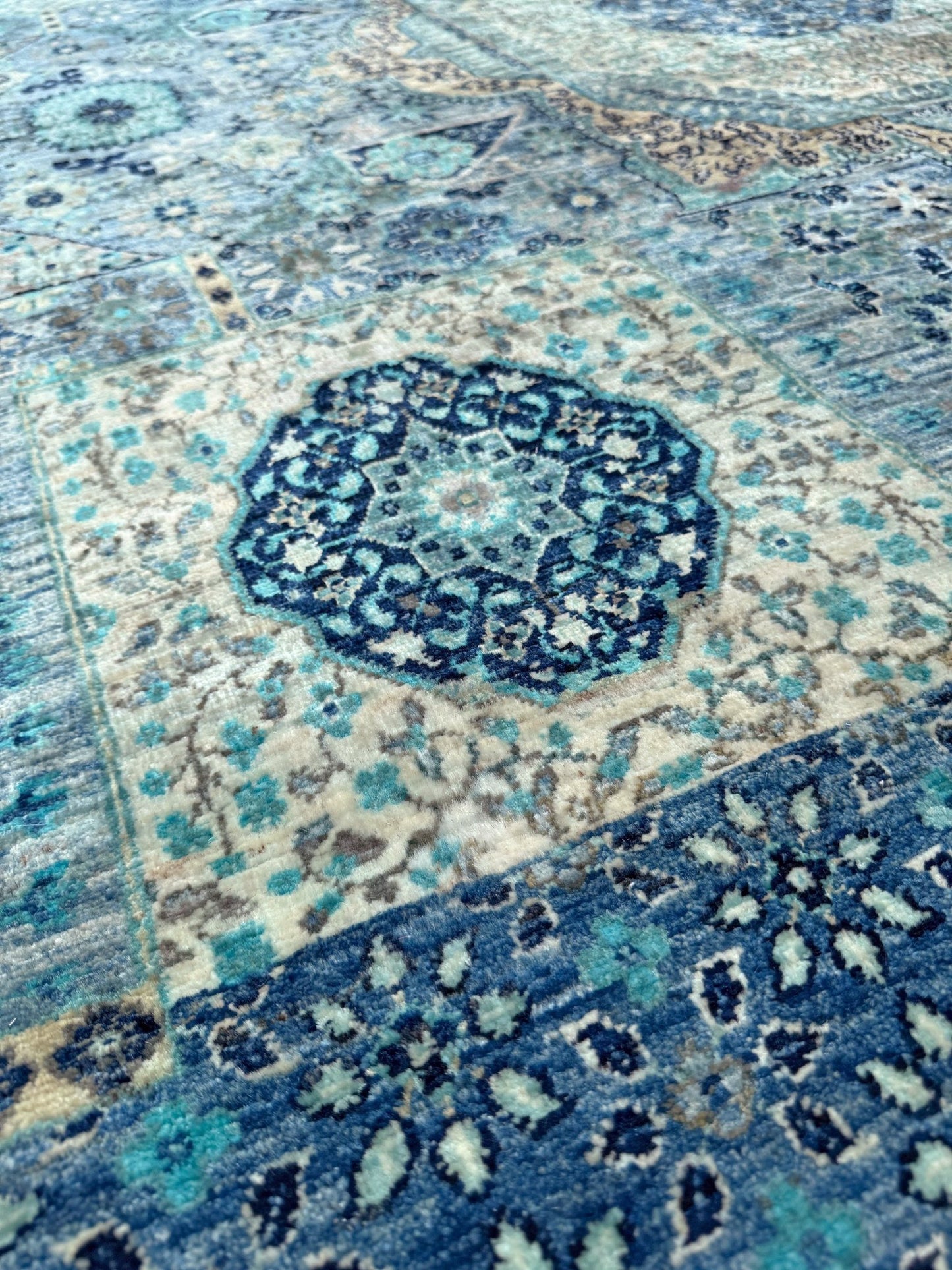 9x12 blue Mamluk transitional rug 50x50 quality handmade wool from best rug shop San Mateo SF Bay Area, free shipping, perfect for bedroom, living room, or dining room, rich character and intricate design