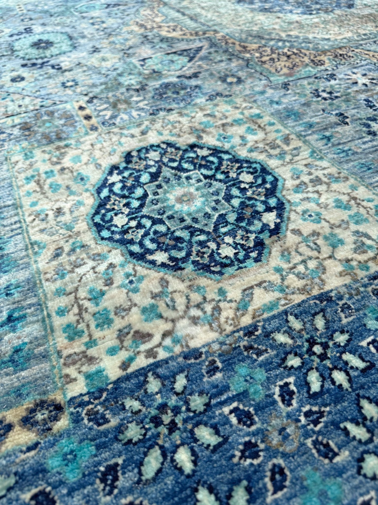 9x12 blue Mamluk transitional rug 50x50 quality handmade wool from best rug shop San Mateo SF Bay Area, free shipping, perfect for bedroom, living room, or dining room, rich character and intricate design