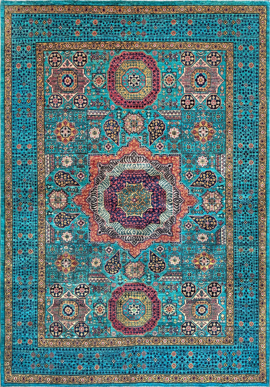 6x8 Luxury turquoise Mamluk Turkish rug – handmade wool carpet from the best rug shop in San Mateo, SF Bay Area. Intricate geometric design with deep navy, crimson, and gold accents. Perfect for bedroom, living room, or dining area. Free shipping available.