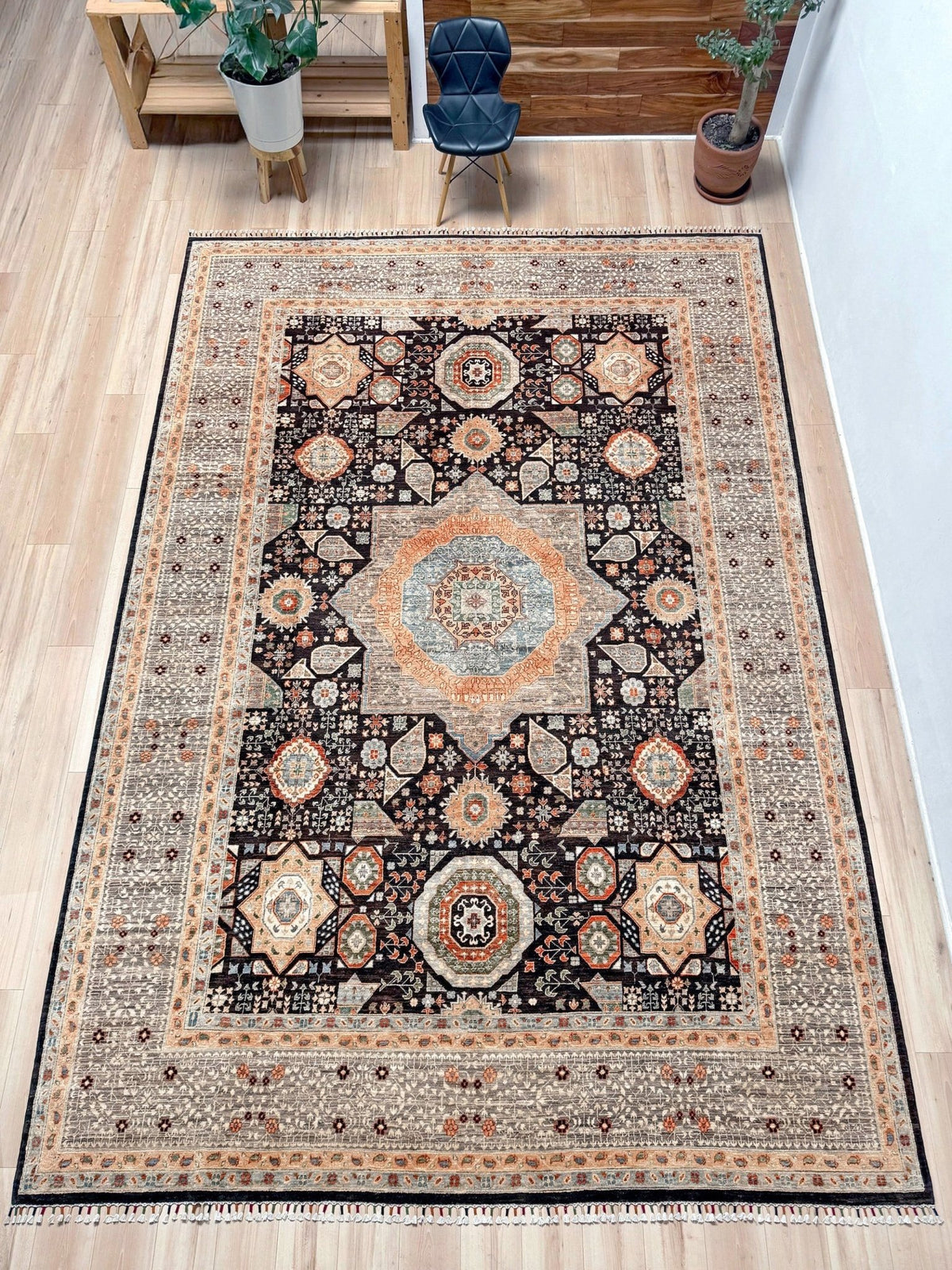 10x14 Charcoal and peach Sultanate Mamluk rug with large central medallion, geometric floral motifs, handmade Turkish wool from Indigo Rugs Burlingame, SF Bay Area.