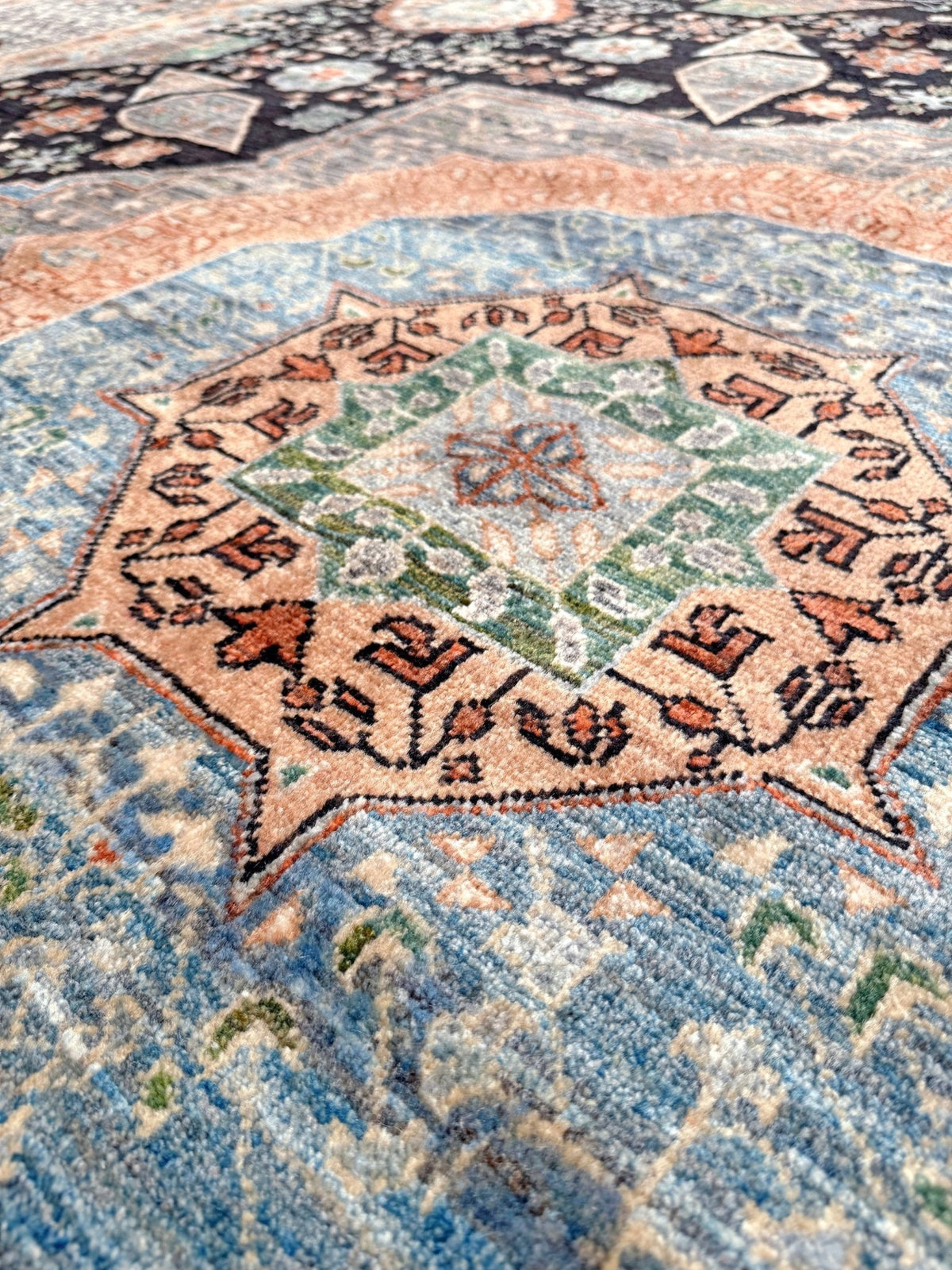 10x14 Charcoal and peach Sultanate Mamluk rug with large central medallion, geometric floral motifs, handmade Turkish wool from Indigo Rugs Burlingame, SF Bay Area.