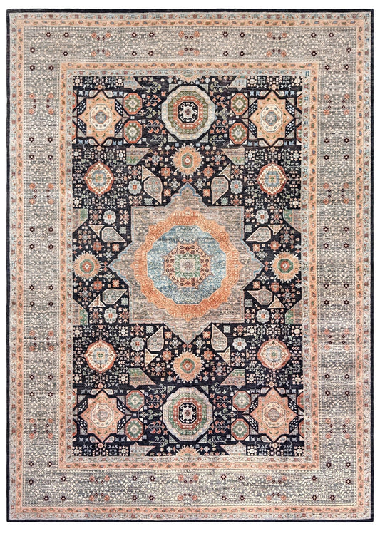 10x14 Charcoal and peach Sultanate Mamluk rug with large central medallion, geometric floral motifs, handmade Turkish wool from Indigo Rugs Burlingame, SF Bay Area.
