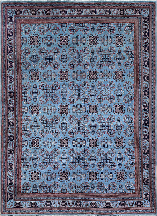 9x12 Handmade Turkmen rug with a baby blue ground, featuring traditional geometric motifs in brown, midnight blue, terracotta crafted from silky Ghazni wool with a luxurious sheen, available with free shipping from the best handmade rug shop in the San Francisco Bay Area.