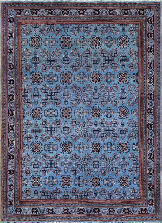 9x12 Handmade Turkmen rug with a baby blue ground, featuring traditional geometric motifs in brown, midnight blue, terracotta crafted from silky Merino wool with a luxurious sheen, available with free shipping from the best handmade rug shop Burlingame CA San Francisco Bay Area.