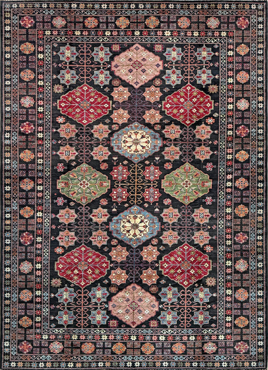 Handmade Turkmen-style 9x12 wool rug with Caucasian-inspired design, rich black, crimson, ivory, and sage hues. Luxury area rug with intricate medallions and floral motifs, perfect for bedroom, living room, or dining room. High-quality craftsmanship from the best rug shop in San Mateo, SF Bay Area. Free shipping, timeless character, and elegance for any space.