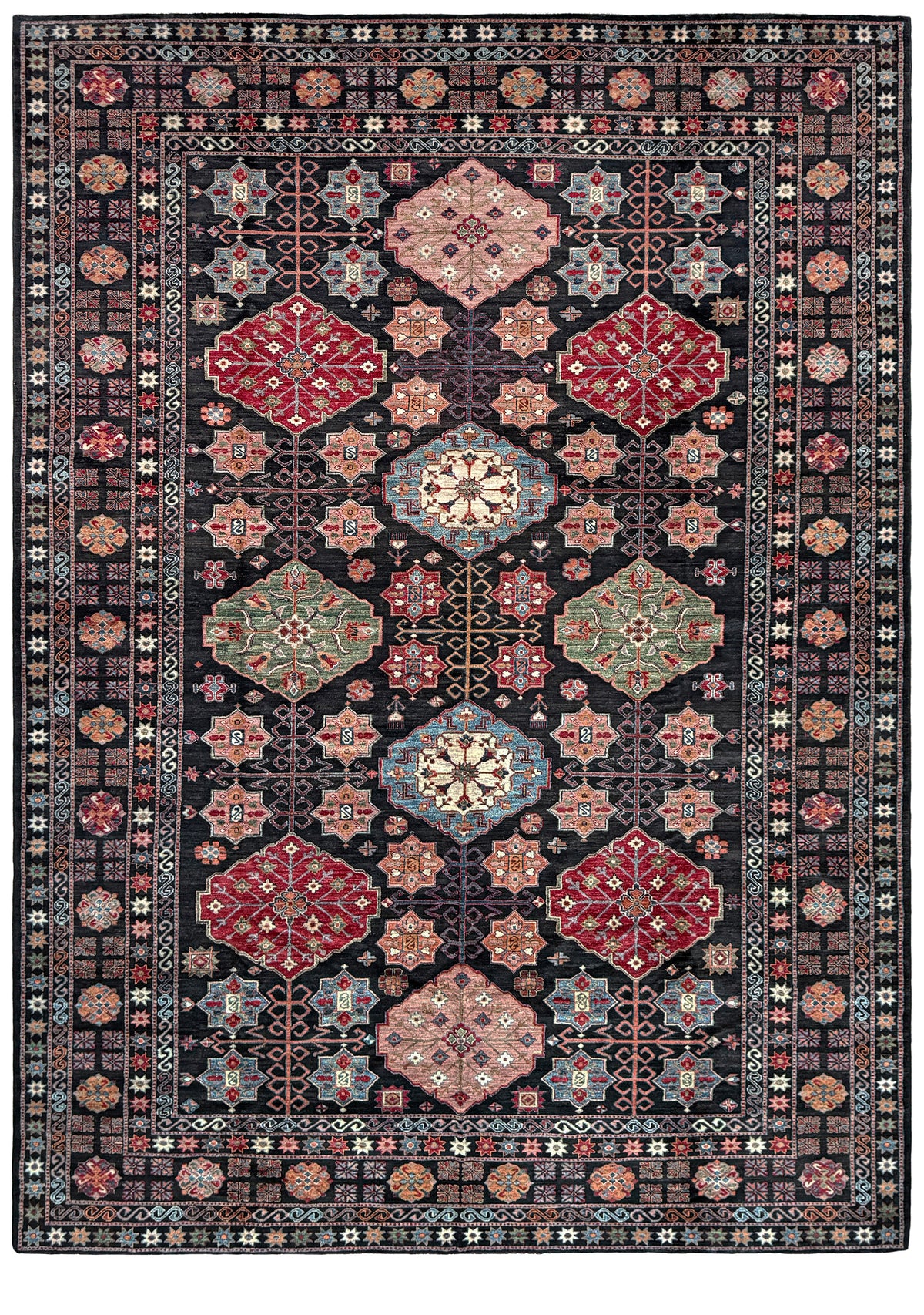 Charcoal Gendje Turkish rug with colorful allover floral medallions, crimson red, sage green, handmade wool 9x12 rug for living room, bedroom from Indigo Rugs Burlingame Bay Area.