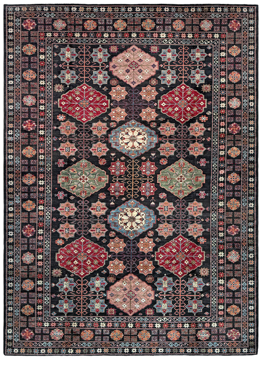 Charcoal Gendje Turkish rug with colorful allover floral medallions, crimson red, sage green, handmade wool 9x12 rug for living room, bedroom from Indigo Rugs Burlingame Bay Area.