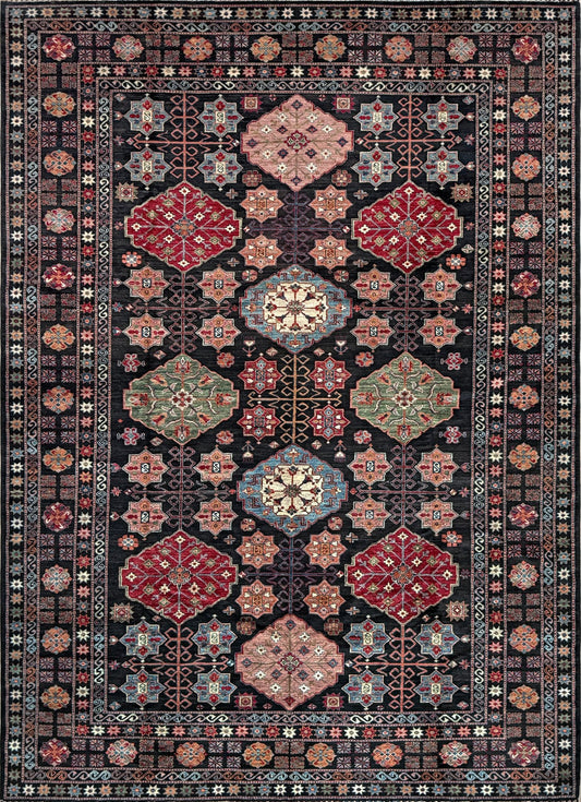 Handmade Turkmen-style 9x12 wool rug with Caucasian-inspired design, rich black, crimson, ivory, and sage hues. Luxury area rug with intricate medallions and floral motifs, perfect for bedroom, living room, or dining room. High-quality craftsmanship from the best rug shop in Burlingame CA, SF Bay Area. Free shipping, timeless character, and elegance for any space.