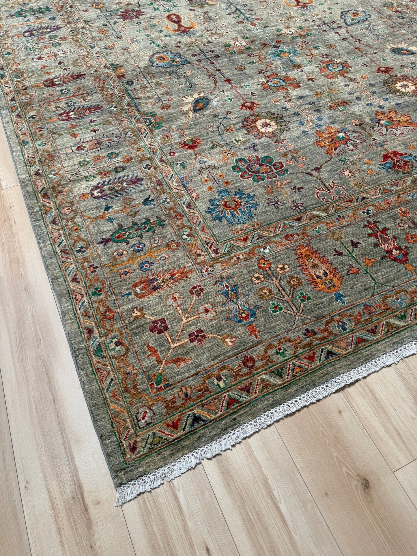 Handmade 8x10 Turkish Ziegler rug in sage green with floral design, perfect for living room, bedroom, kitchen, or dining room; ideal for neutral or floral decor styles. Available from the best rug shop in San Mateo, SF Bay Area with free shipping.