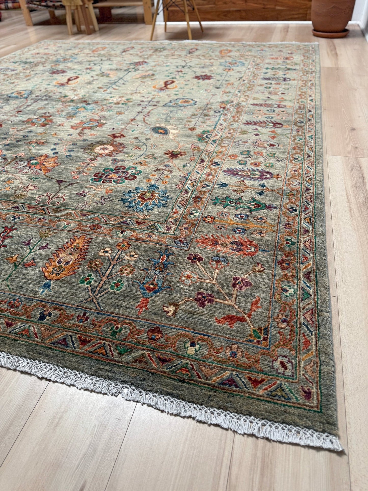 Handmade 8x10 Turkish Ziegler rug in sage green with floral design, perfect for living room, bedroom, kitchen, or dining room; ideal for neutral or floral decor styles. Available from the best rug shop in San Mateo, SF Bay Area with free shipping.