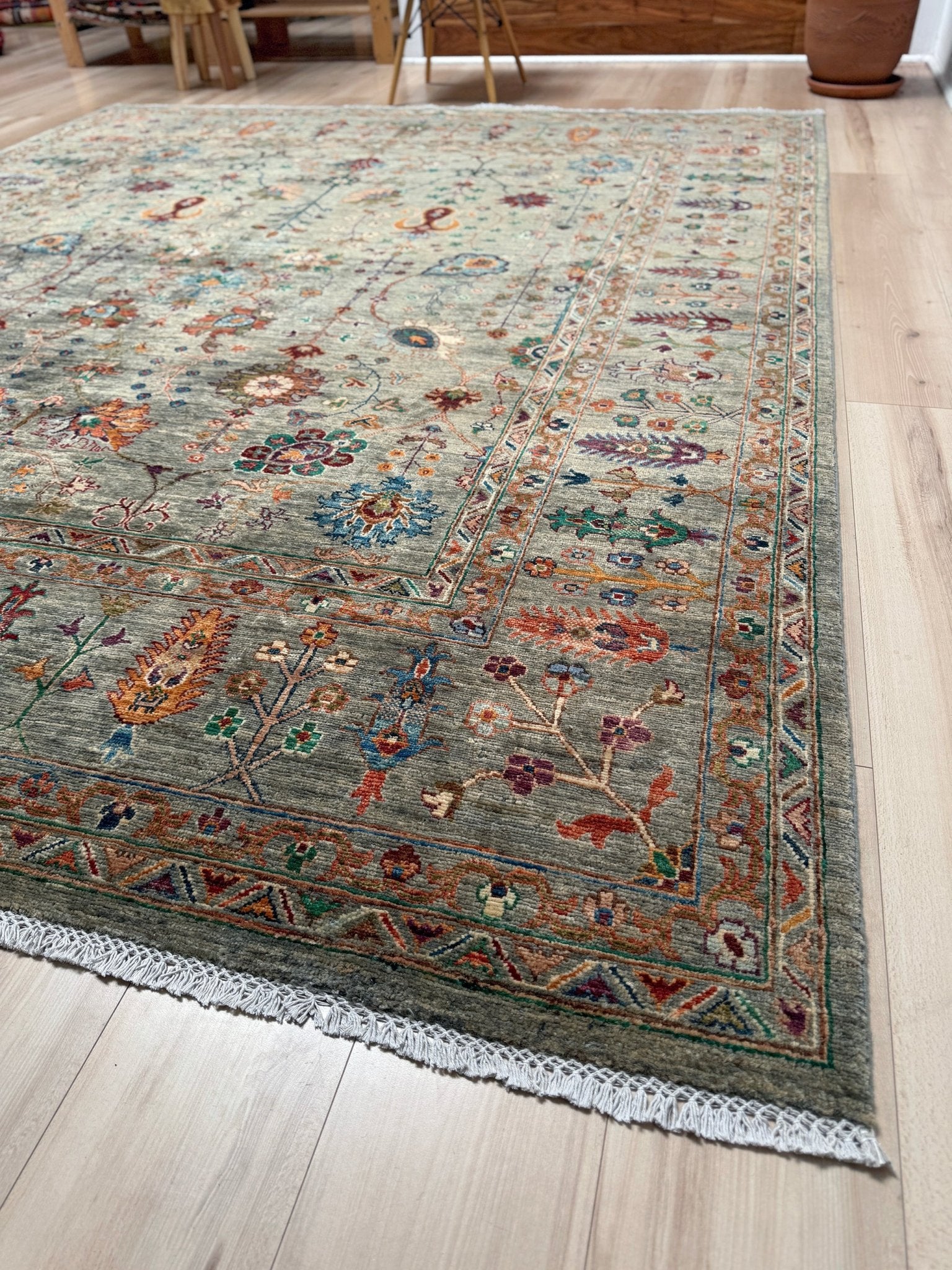 Handmade 8x10 Turkish Ziegler rug in sage green with floral design, perfect for living room, bedroom, kitchen, or dining room; ideal for neutral or floral decor styles. Available from the best rug shop in San Mateo, SF Bay Area with free shipping.