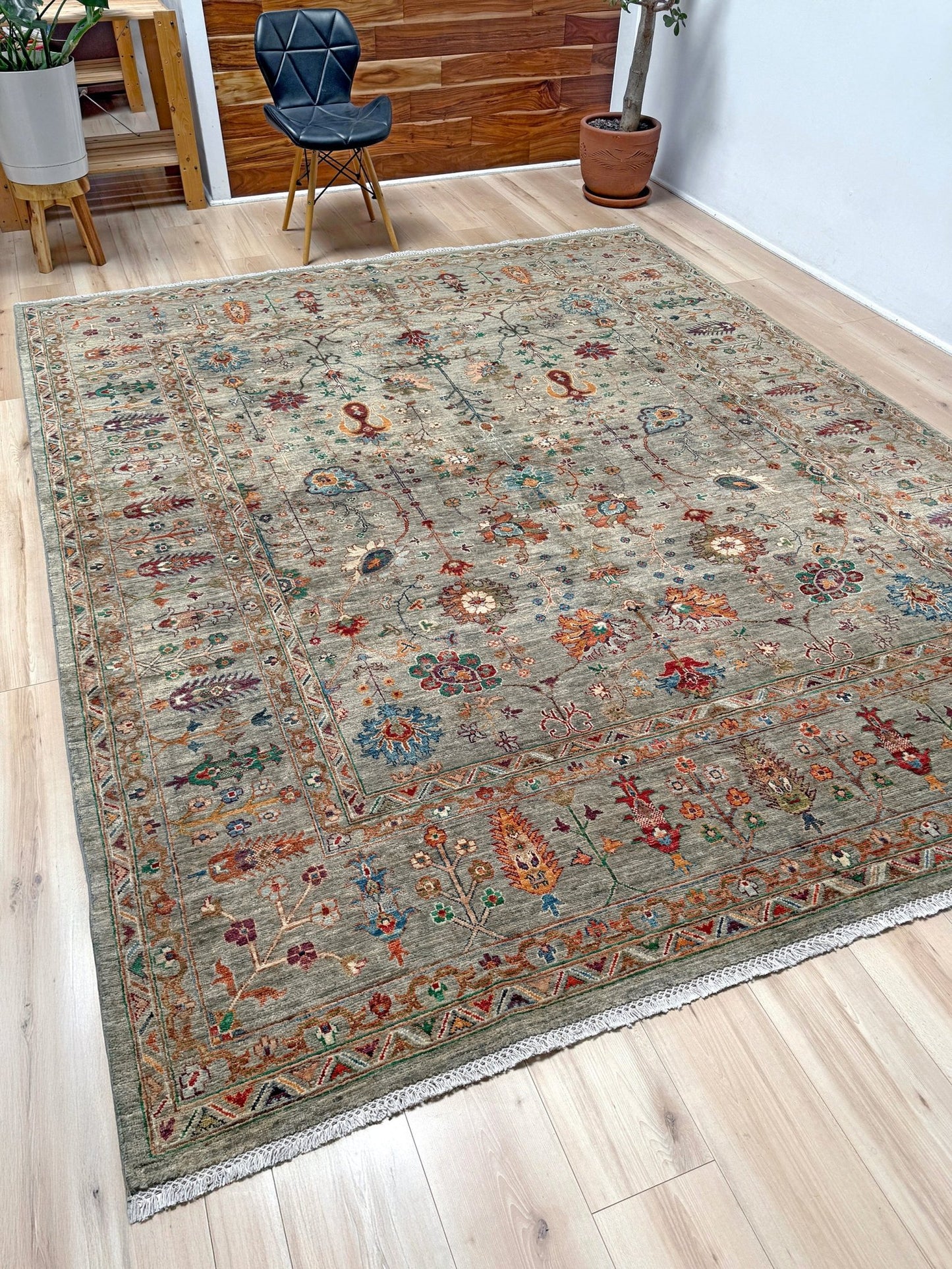 Handmade 8x10 Turkish Ziegler rug in sage green with floral design, perfect for living room, bedroom, kitchen, or dining room; ideal for neutral or floral decor styles. Available from the best rug shop in San Mateo, SF Bay Area with free shipping.