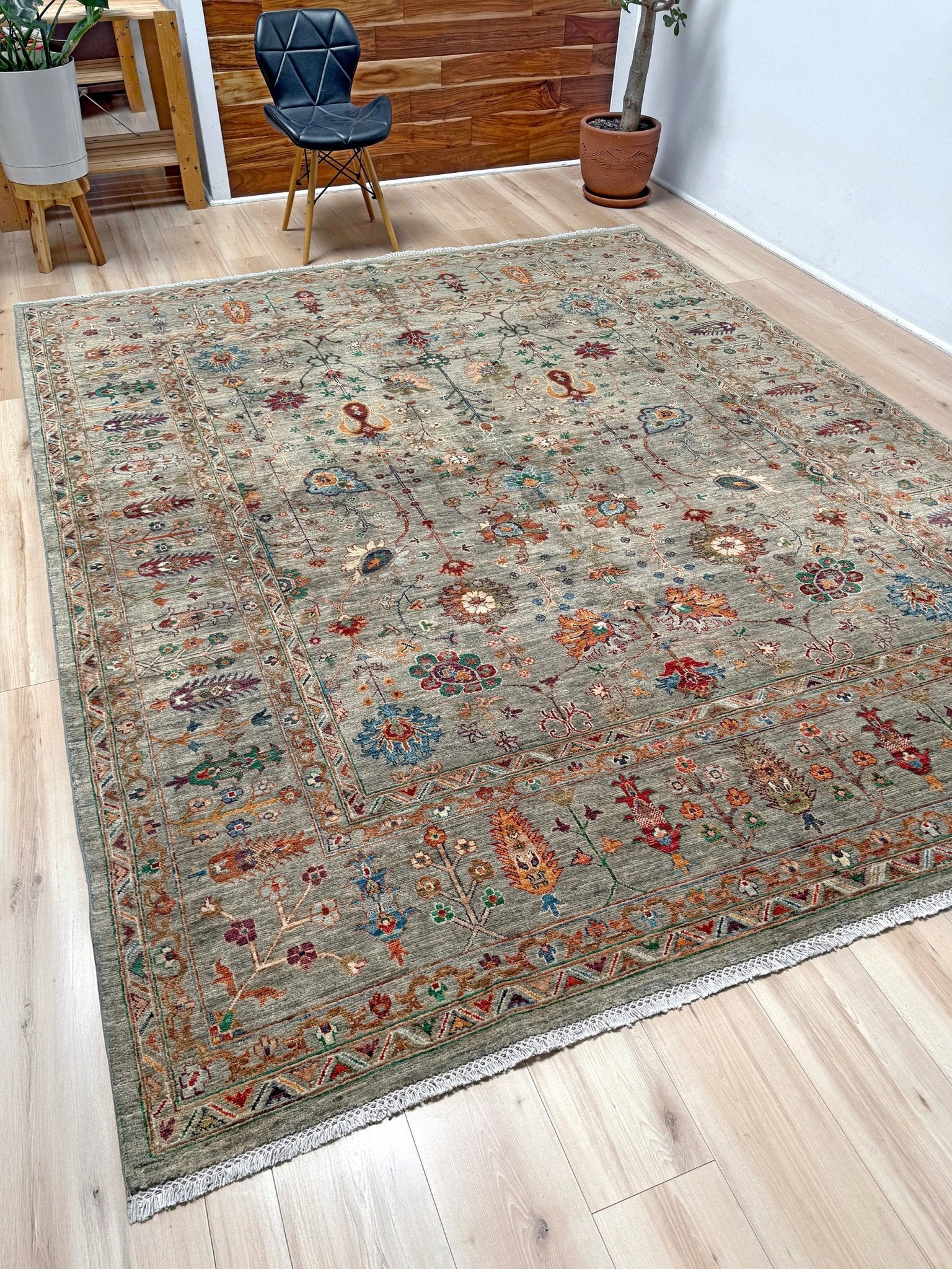 Handmade 8x10 Turkish Ziegler rug in sage green with floral design, perfect for living room, bedroom, kitchen, or dining room; ideal for neutral or floral decor styles. Available from the best rug shop in San Mateo, SF Bay Area with free shipping.