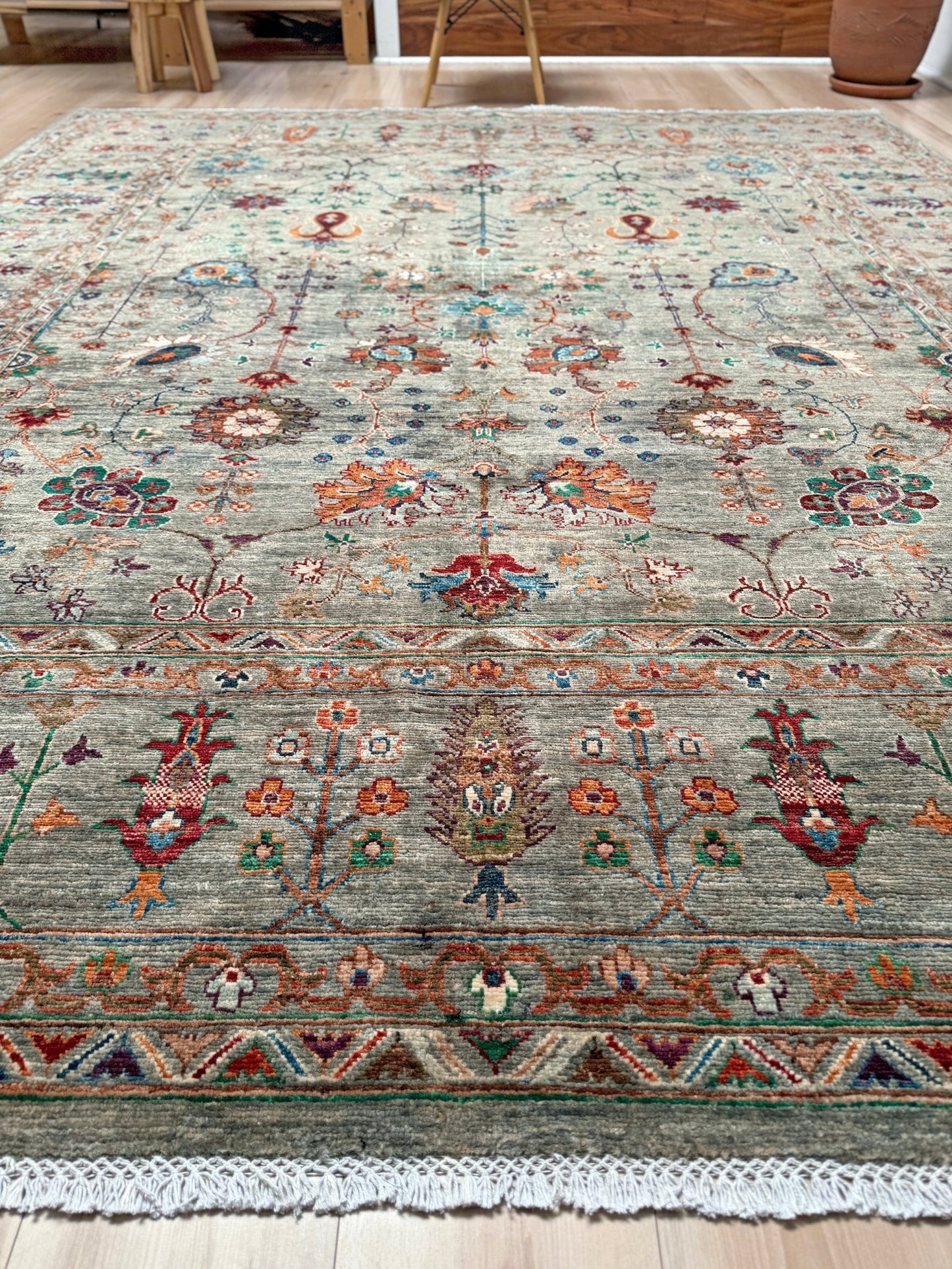 Handmade 8x10 Turkish Ziegler rug in sage green with floral design, perfect for living room, bedroom, kitchen, or dining room; ideal for neutral or floral decor styles. Available from the best rug shop in San Mateo, SF Bay Area with free shipping.