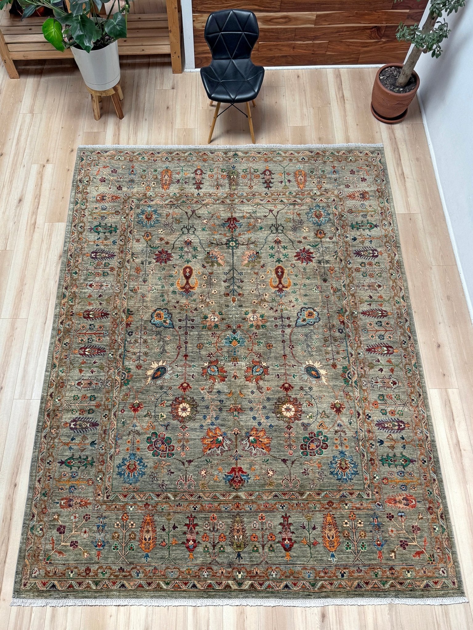 Handmade 8x10 Turkish Ziegler rug in sage green with floral design, perfect for living room, bedroom, kitchen, or dining room; ideal for neutral or floral decor styles. Available from the best rug shop in San Mateo, SF Bay Area with free shipping.