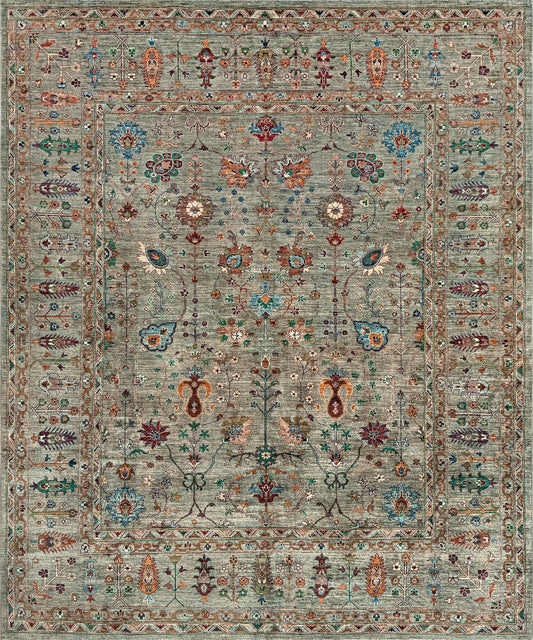 Handmade 8x10 Turkish Ziegler rug in sage green with floral design, perfect for living room, bedroom, kitchen, or dining room; ideal for neutral or floral decor styles. Available from the best rug shop in San Mateo, SF Bay Area with free shipping.