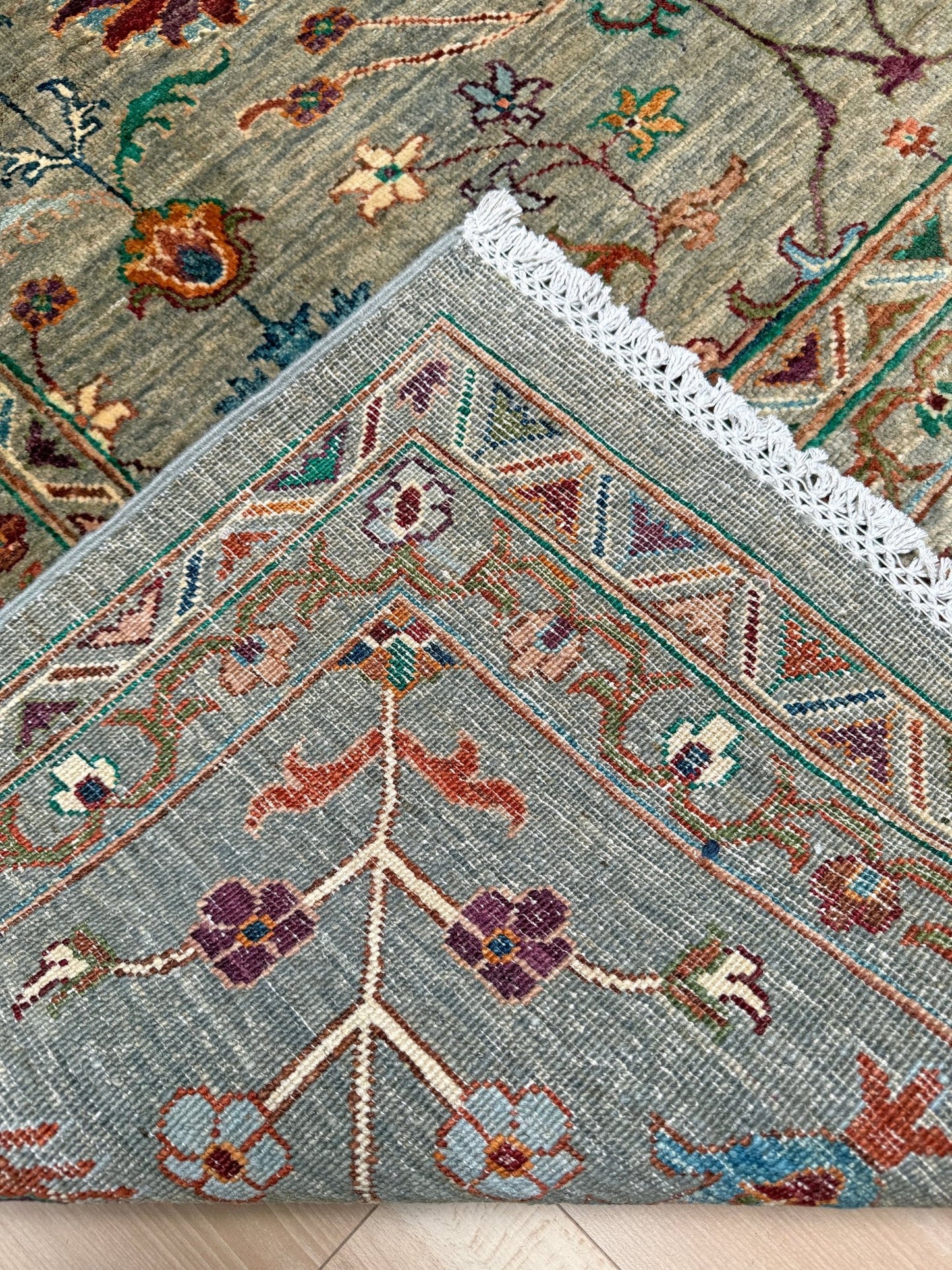 Handmade 8x10 Turkish Ziegler rug in sage green with floral design, perfect for living room, bedroom, kitchen, or dining room; ideal for neutral or floral decor styles. Available from the best rug shop in Burlingame, SF Bay Area with free shipping.