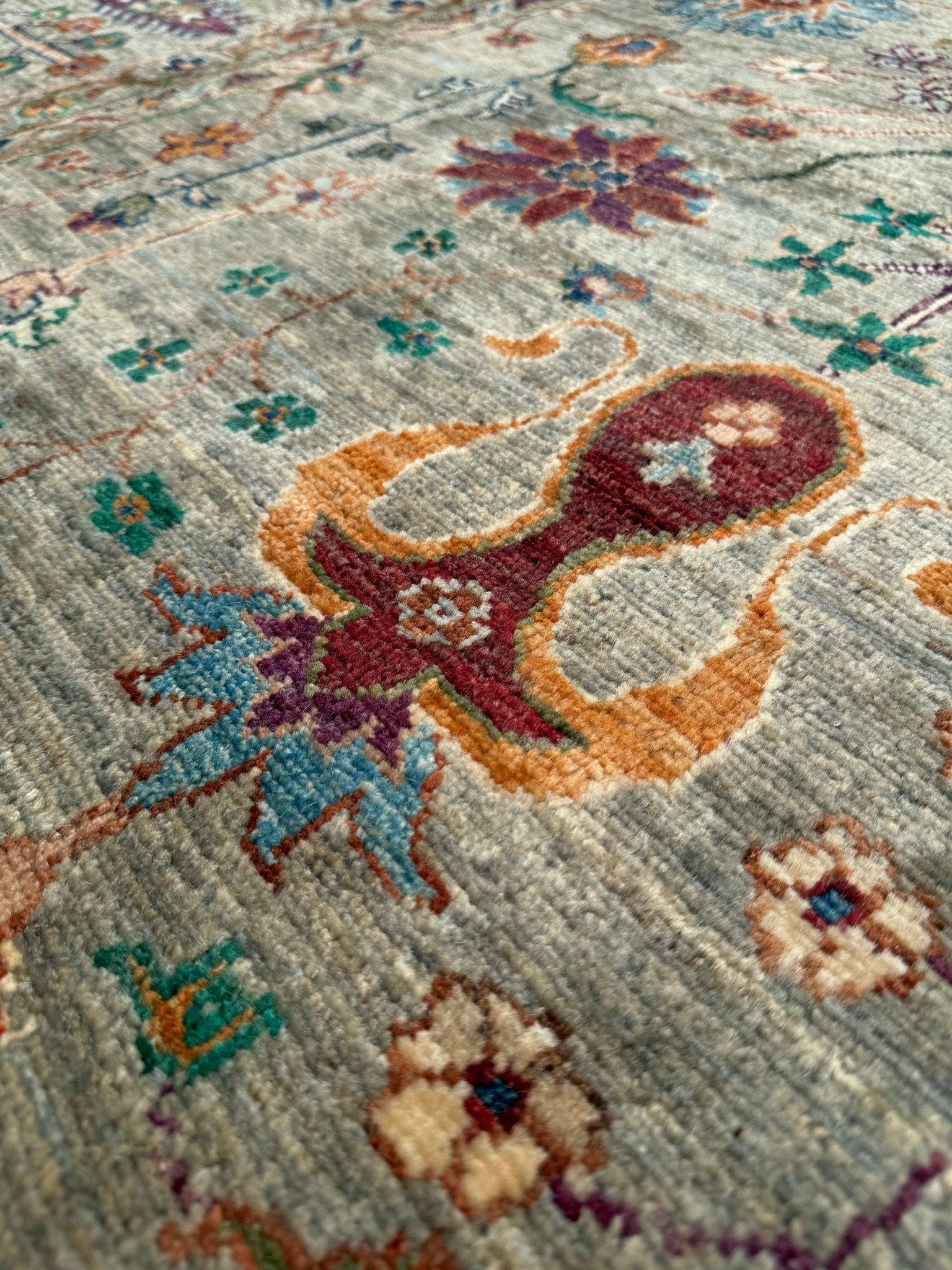 Handmade 8x10 Turkish Ziegler rug in sage green with floral design, perfect for living room, bedroom, kitchen, or dining room; ideal for neutral or floral decor styles. Available from the best rug shop in Burlingame, SF Bay Area with free shipping.