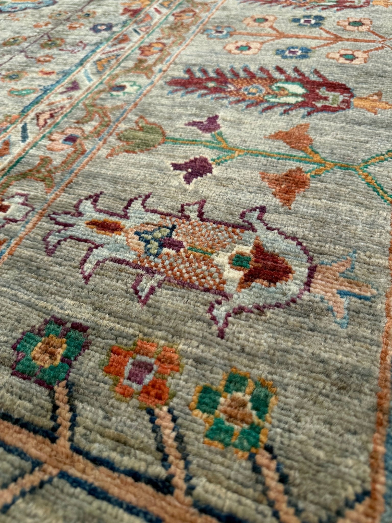 Handmade 8x10 Turkish Ziegler rug in sage green with floral design, perfect for living room, bedroom, kitchen, or dining room; ideal for neutral or floral decor styles. Available from the best rug shop in Burlingame, SF Bay Area with free shipping.