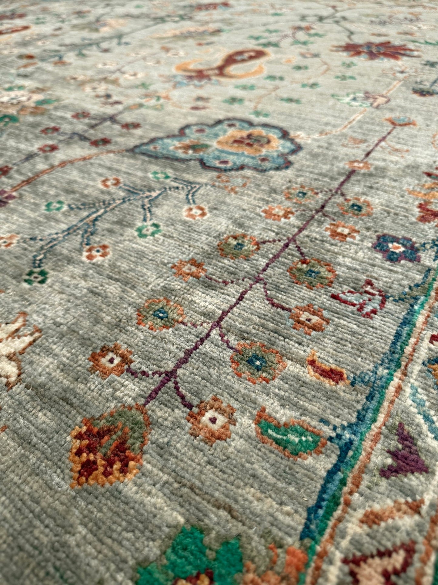 Handmade 8x10 Turkish Ziegler rug in sage green with floral design, perfect for living room, bedroom, kitchen, or dining room; ideal for neutral or floral decor styles. Available from the best rug shop in San Mateo, SF Bay Area with free shipping.