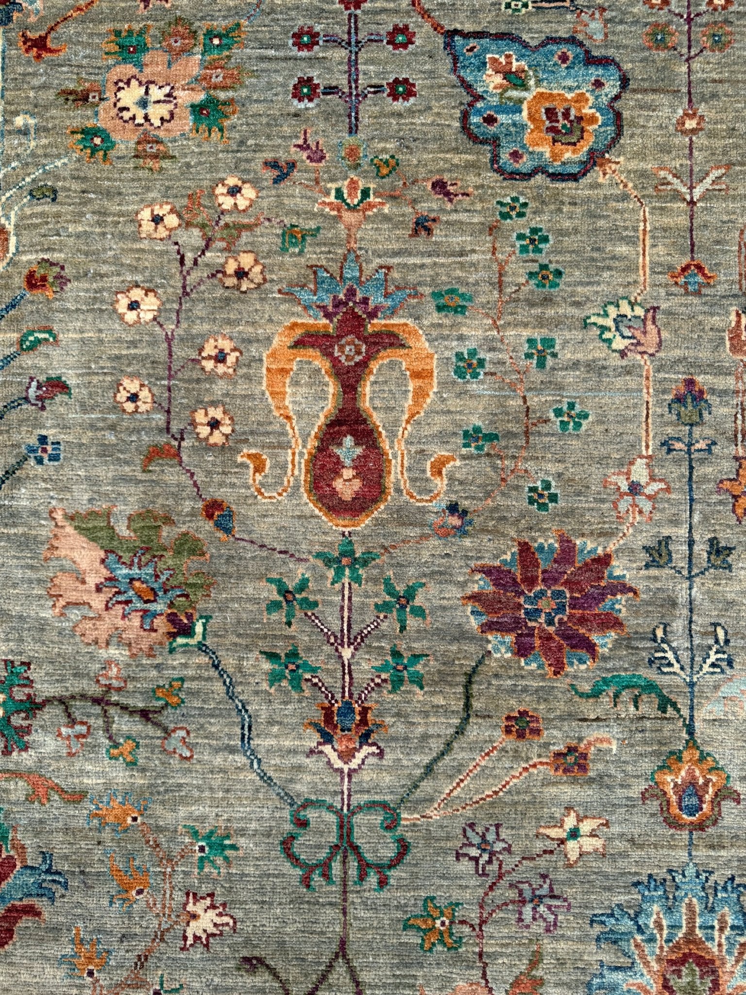 Handmade 8x10 Turkish Ziegler rug in sage green with floral design, perfect for living room, bedroom, kitchen, or dining room; ideal for neutral or floral decor styles. Available from the best rug shop in Burlingame, SF Bay Area with free shipping.