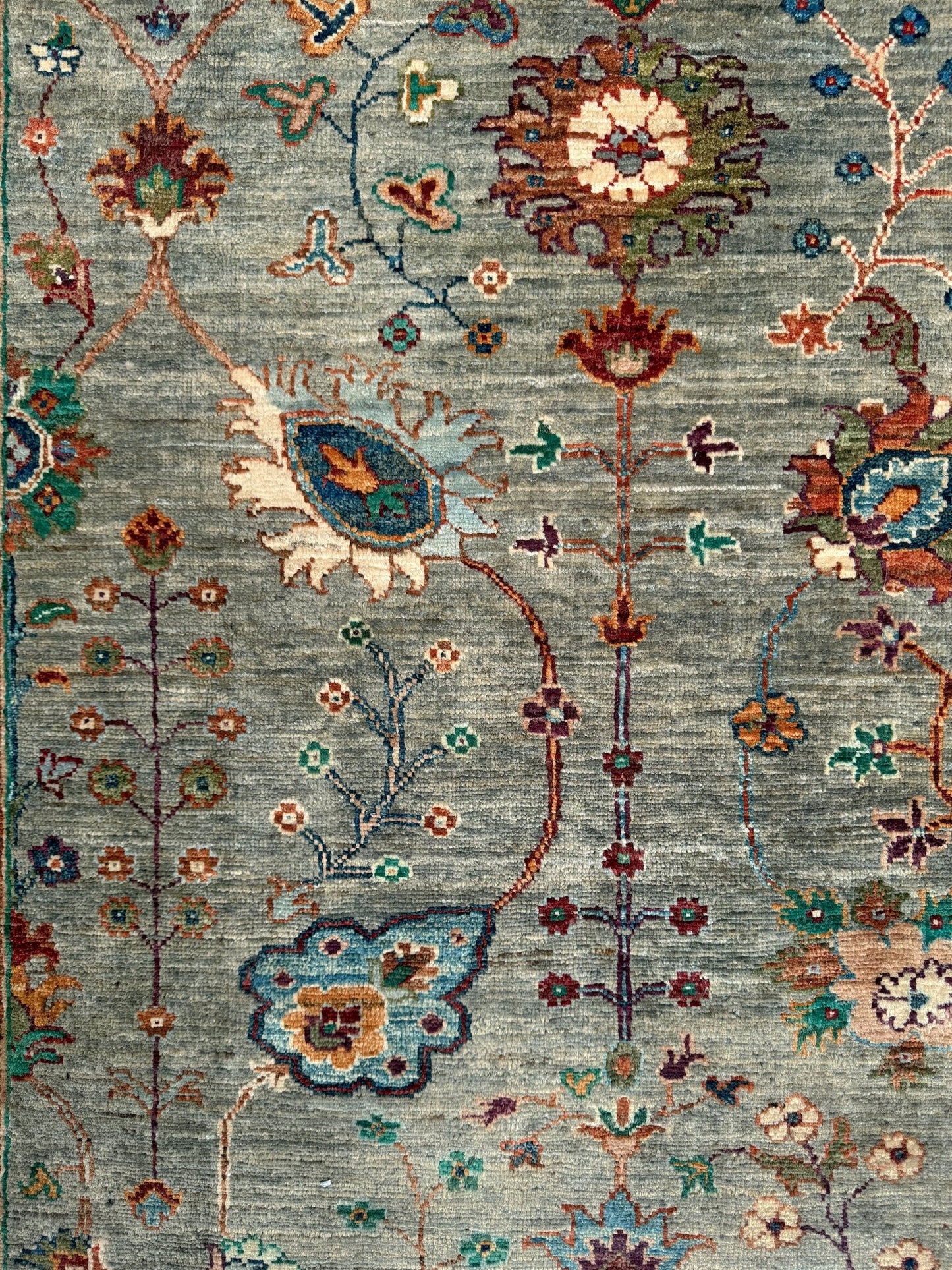 Handmade 8x10 Turkish Ziegler rug in sage green with floral design, perfect for living room, bedroom, kitchen, or dining room; ideal for neutral or floral decor styles. Available from the best rug shop in Burlingame, SF Bay Area with free shipping.