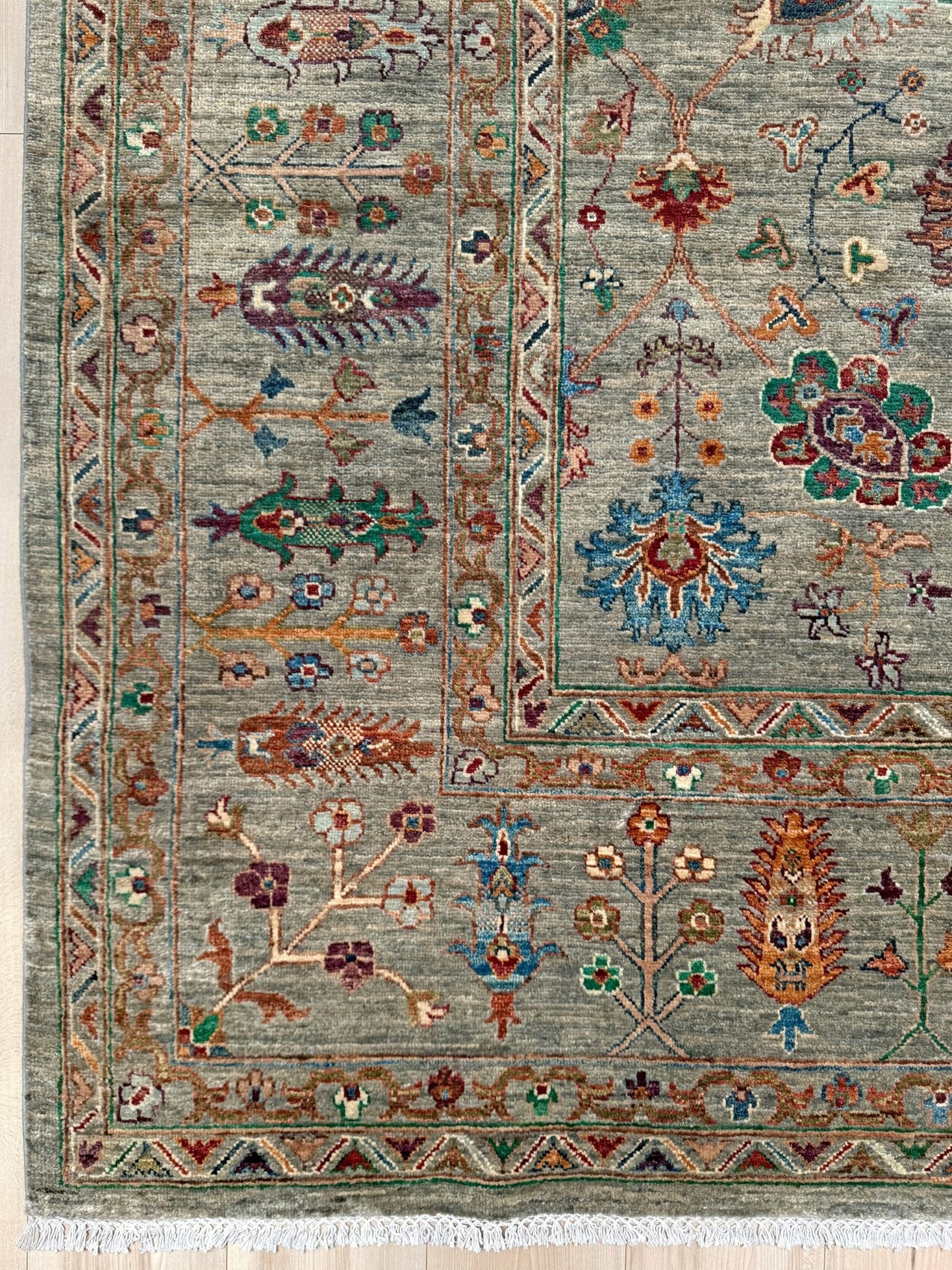 Handmade 8x10 Turkish Ziegler rug in sage green with floral design, perfect for living room, bedroom, kitchen, or dining room; ideal for neutral or floral decor styles. Available from the best rug shop in Burlingame, SF Bay Area with free shipping.