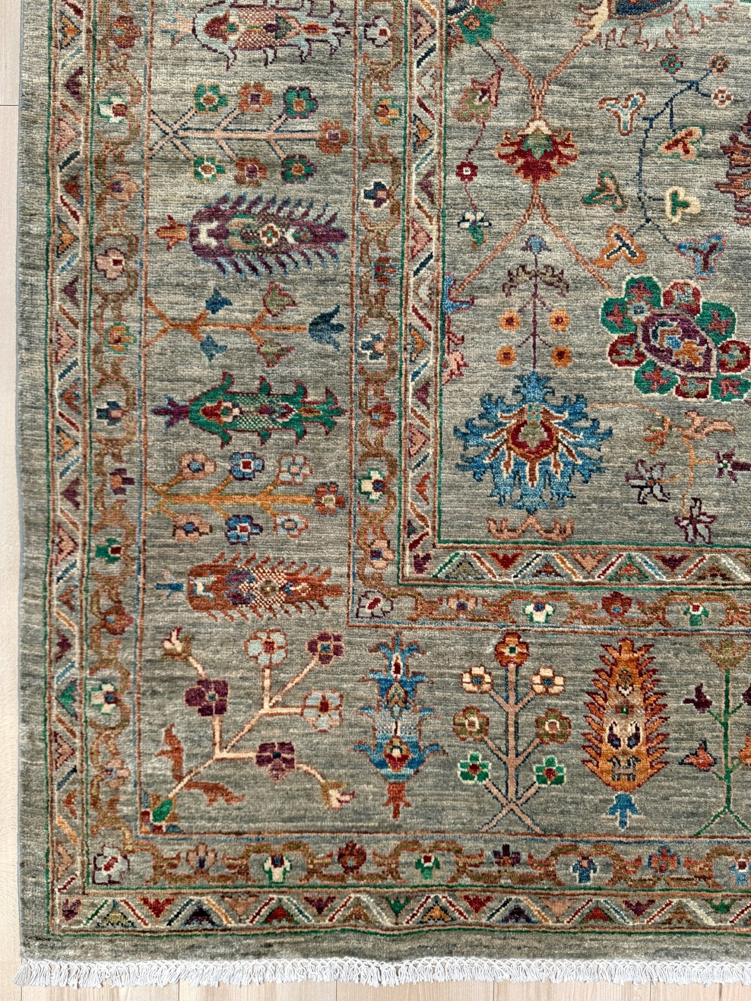 Handmade 8x10 Turkish Ziegler rug in sage green with floral design, perfect for living room, bedroom, kitchen, or dining room; ideal for neutral or floral decor styles. Available from the best rug shop in Burlingame, SF Bay Area with free shipping.