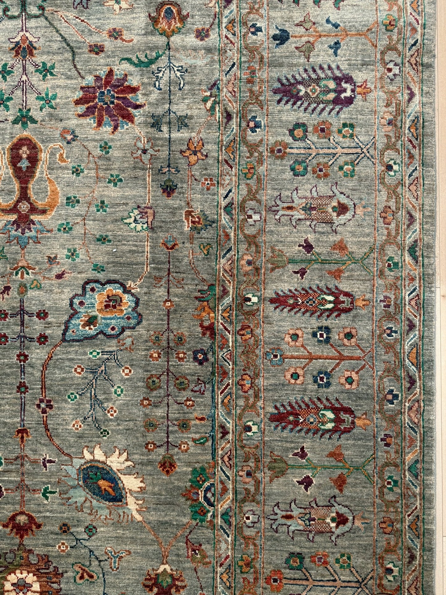Handmade 8x10 Turkish Ziegler rug in sage green with floral design, perfect for living room, bedroom, kitchen, or dining room; ideal for neutral or floral decor styles. Available from the best rug shop in Burlingame, SF Bay Area with free shipping.