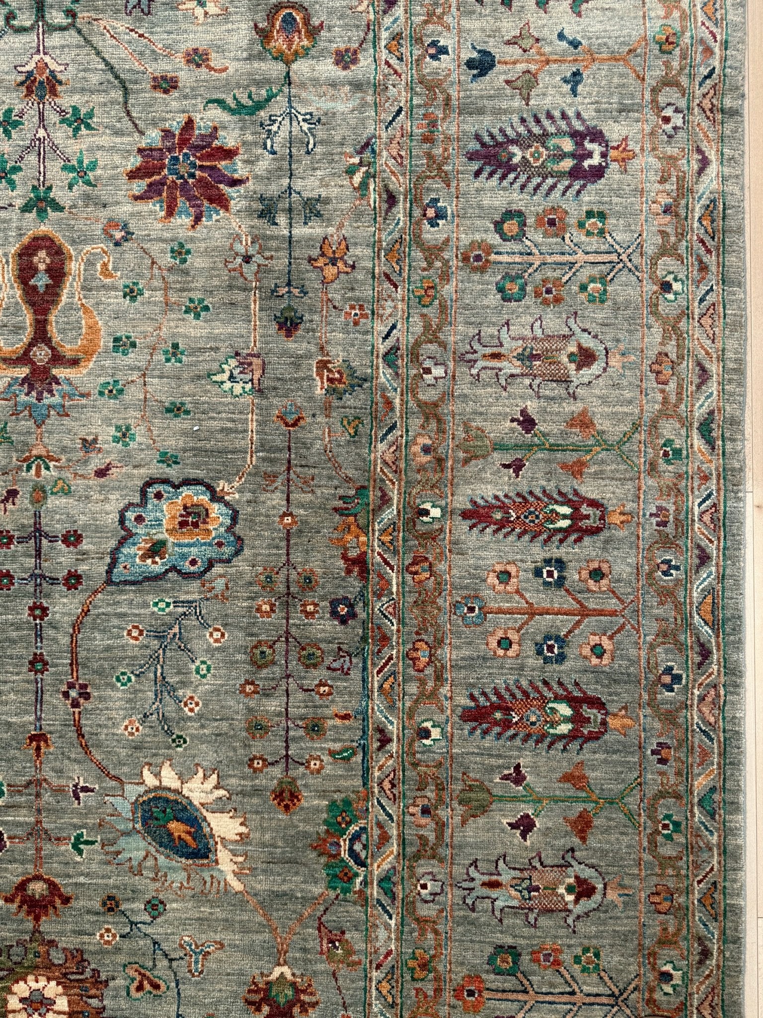 Handmade 8x10 Turkish Ziegler rug in sage green with floral design, perfect for living room, bedroom, kitchen, or dining room; ideal for neutral or floral decor styles. Available from the best rug shop in Burlingame, SF Bay Area with free shipping.