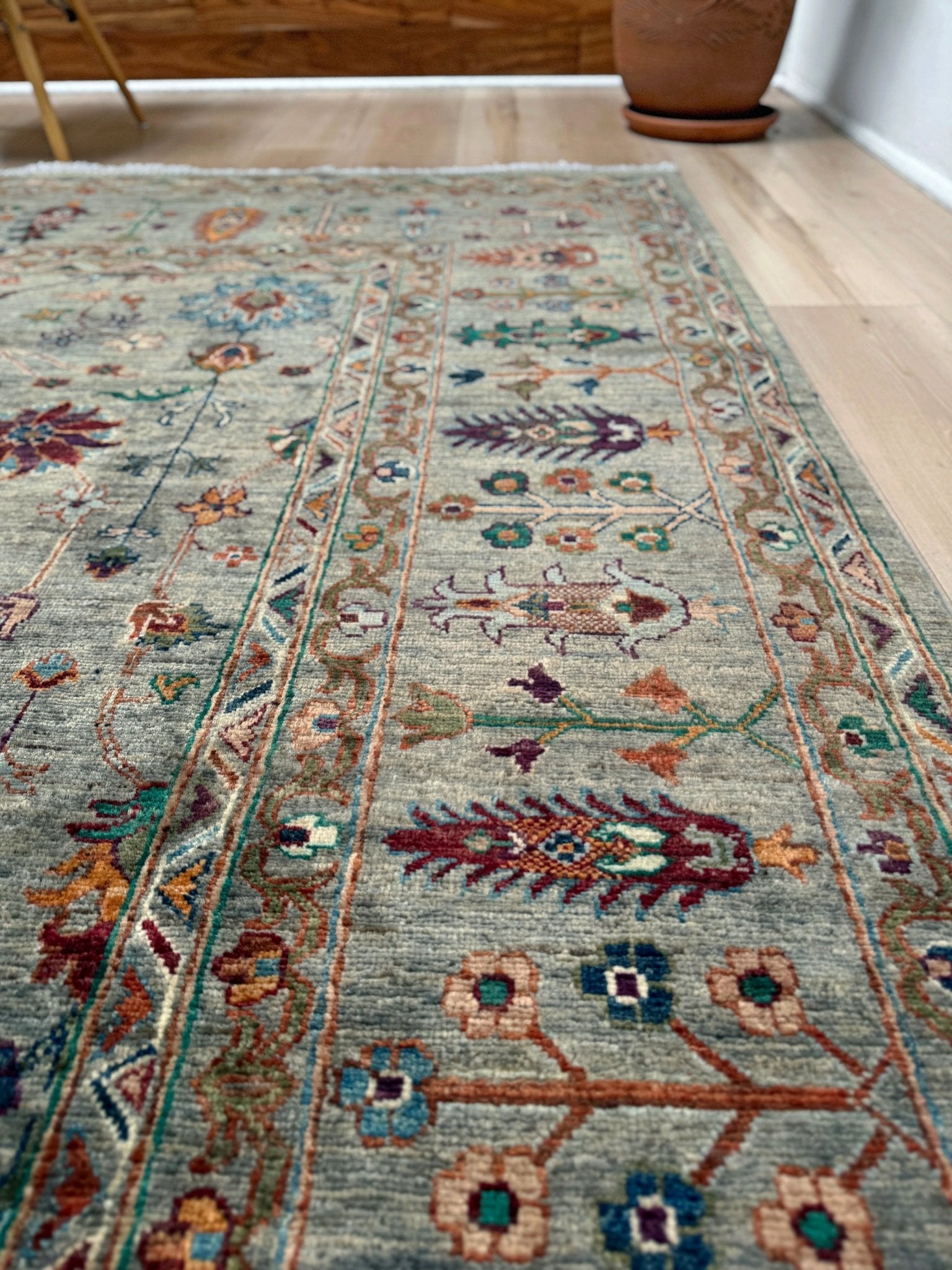 Handmade 8x10 Turkish Ziegler rug in sage green with floral design, perfect for living room, bedroom, kitchen, or dining room; ideal for neutral or floral decor styles. Available from the best rug shop in Burlingame, SF Bay Area with free shipping.