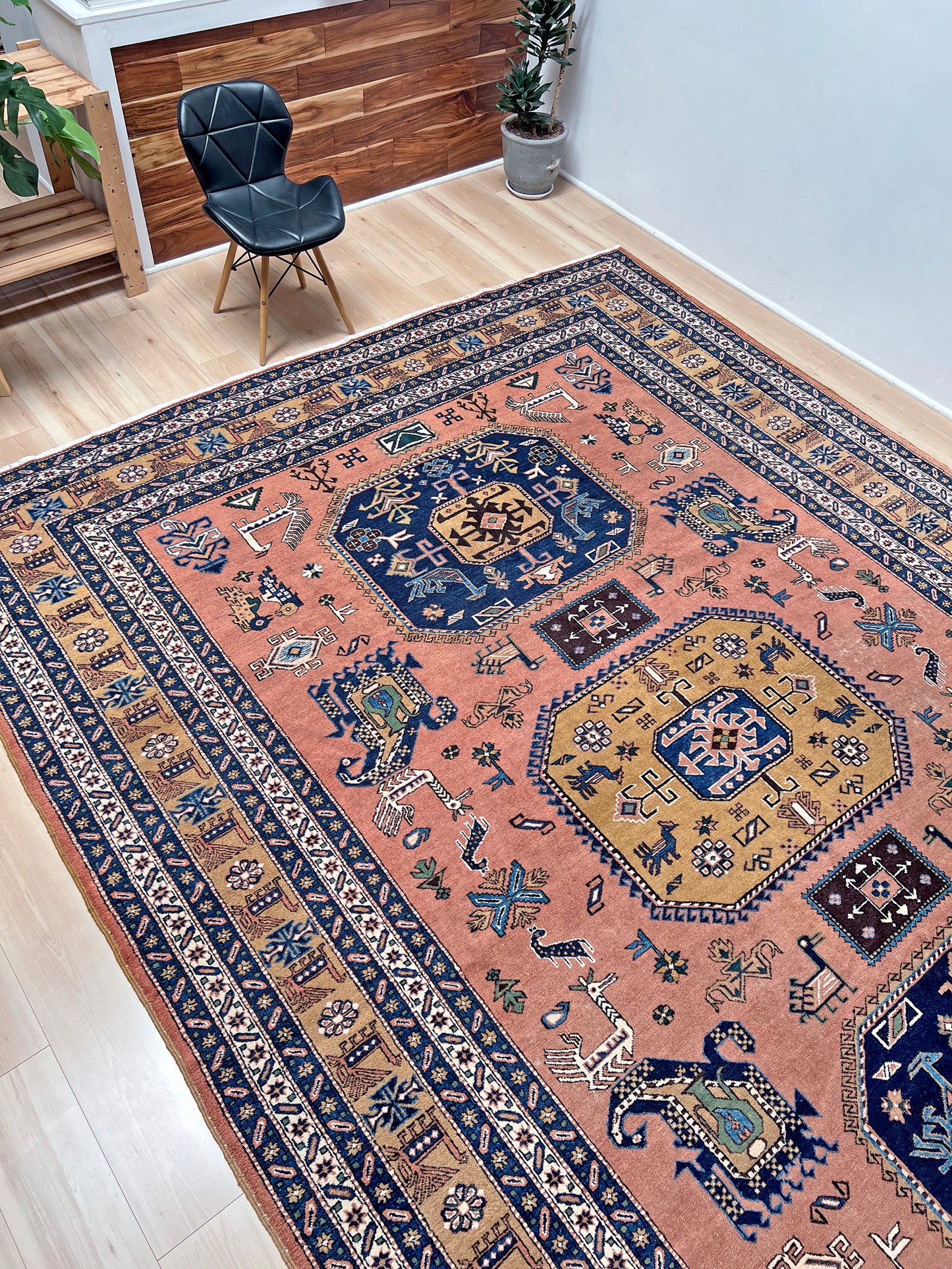 Ardebil vintage persian rug shop. 10x14 tribal peach salmon handmade wool rug available in the best rug shop in san francisco bay area with free shipping.