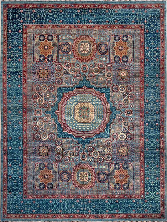 Handmade Sultanate Mamluk wool area rug, 9x12, featuring intricate geometric patterns in blue, grey, rusty red, and brown. Crafted from soft Ghazni wool for a luxurious feel. Available at the best luxury rug shop in the San Francisco Bay Area, perfect for living room, bedroom, dining room, or office decor.