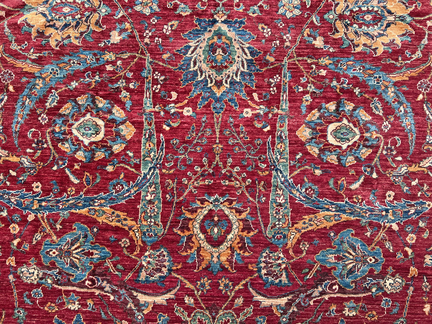 8x10 Sickle Leaf Luxury Area Rug&nbsp;• Handmade Wool Carpet large Rug for Living Room, Bedroom, Dining &amp; Office
This exquisite oriental rug features the traditional Persian sickle leaf design elegantly woven on a rich red ground. The intricate blue borders add a touch of sophistication, enhancing the rug's timeless appeal. Crafted from the finest silky wool, this rug offers both luxurious softness and exceptional durability.