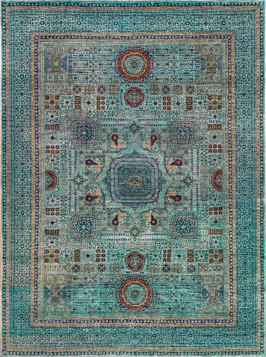 8x10 Sultanate Mamluk rug from the best rug shop in San Mateo, SF Bay Area, with free shipping. This brand-new rug features intricate geometric patterns and a stunning color palette of teal, turquoise, gold, crimson, and midnight blue. Perfect for the bedroom, living room, or dining room, it combines regal intensity with a soft, inviting finish, making it a unique statement piece with timeless character.