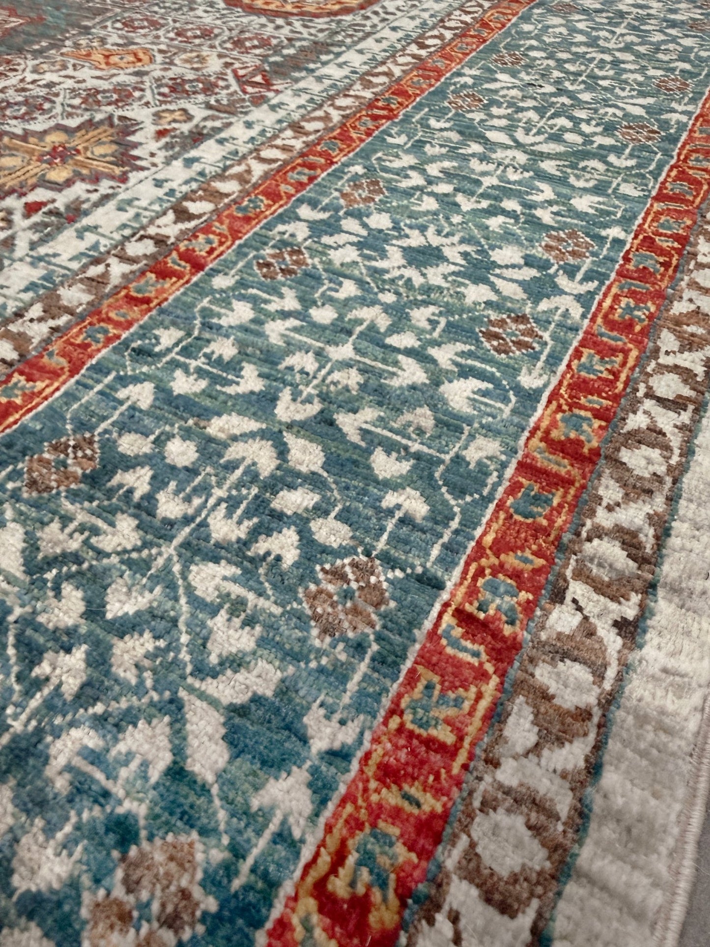 dusty teal 40x40 quality mamluk transitional handmade wool rug geometric medallion design warm ivory field 5x8 area rug indigo rugs san francisco bay area