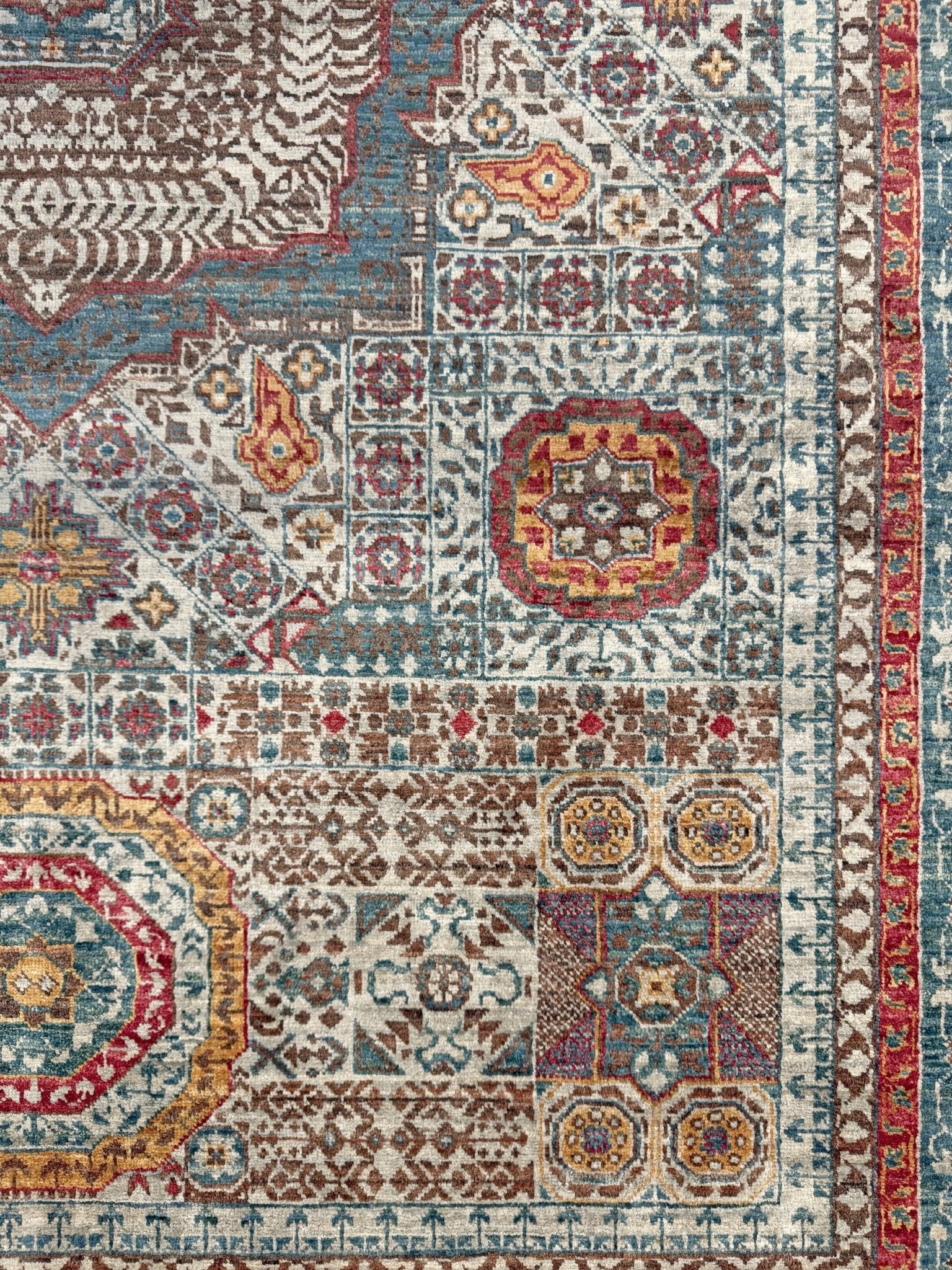 dusty teal 40x40 quality mamluk transitional handmade wool rug geometric medallion design warm ivory field 5x8 area rug indigo rugs san francisco bay area