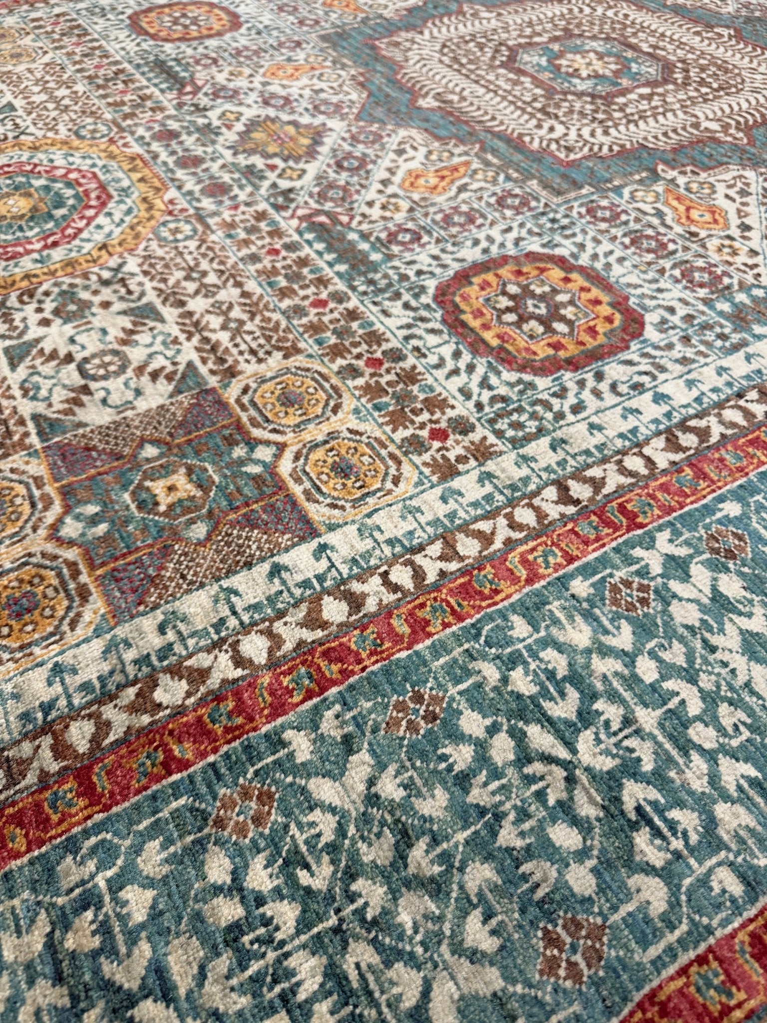 dusty teal 40x40 quality mamluk transitional handmade wool rug geometric medallion design warm ivory field 5x8 area rug indigo rugs san francisco bay area