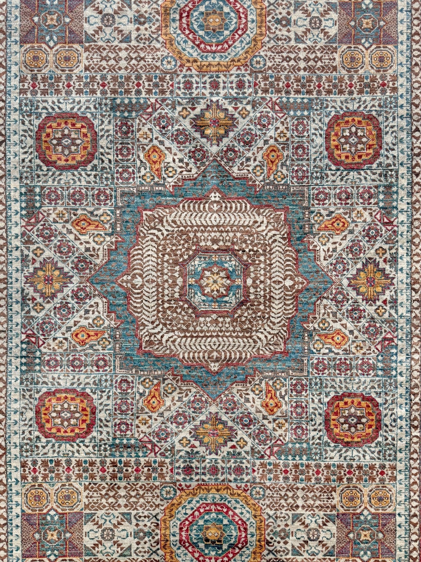 dusty teal 40x40 quality mamluk transitional handmade wool rug geometric medallion design warm ivory field 5x8 area rug indigo rugs san francisco bay area