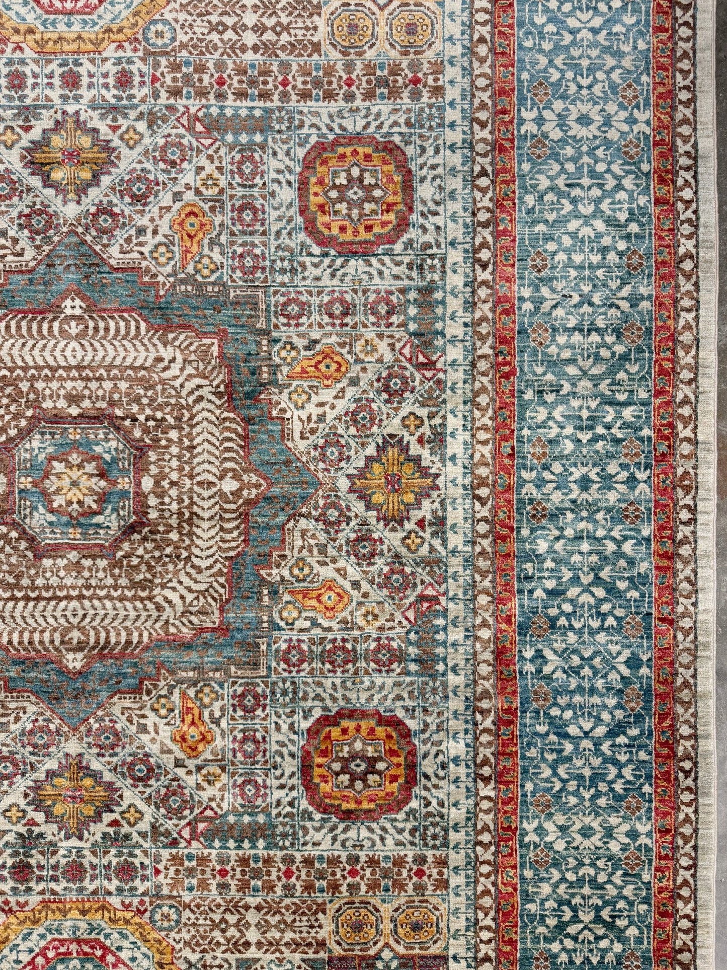 dusty teal 40x40 quality mamluk transitional handmade wool rug geometric medallion design warm ivory field 5x8 area rug indigo rugs san francisco bay area