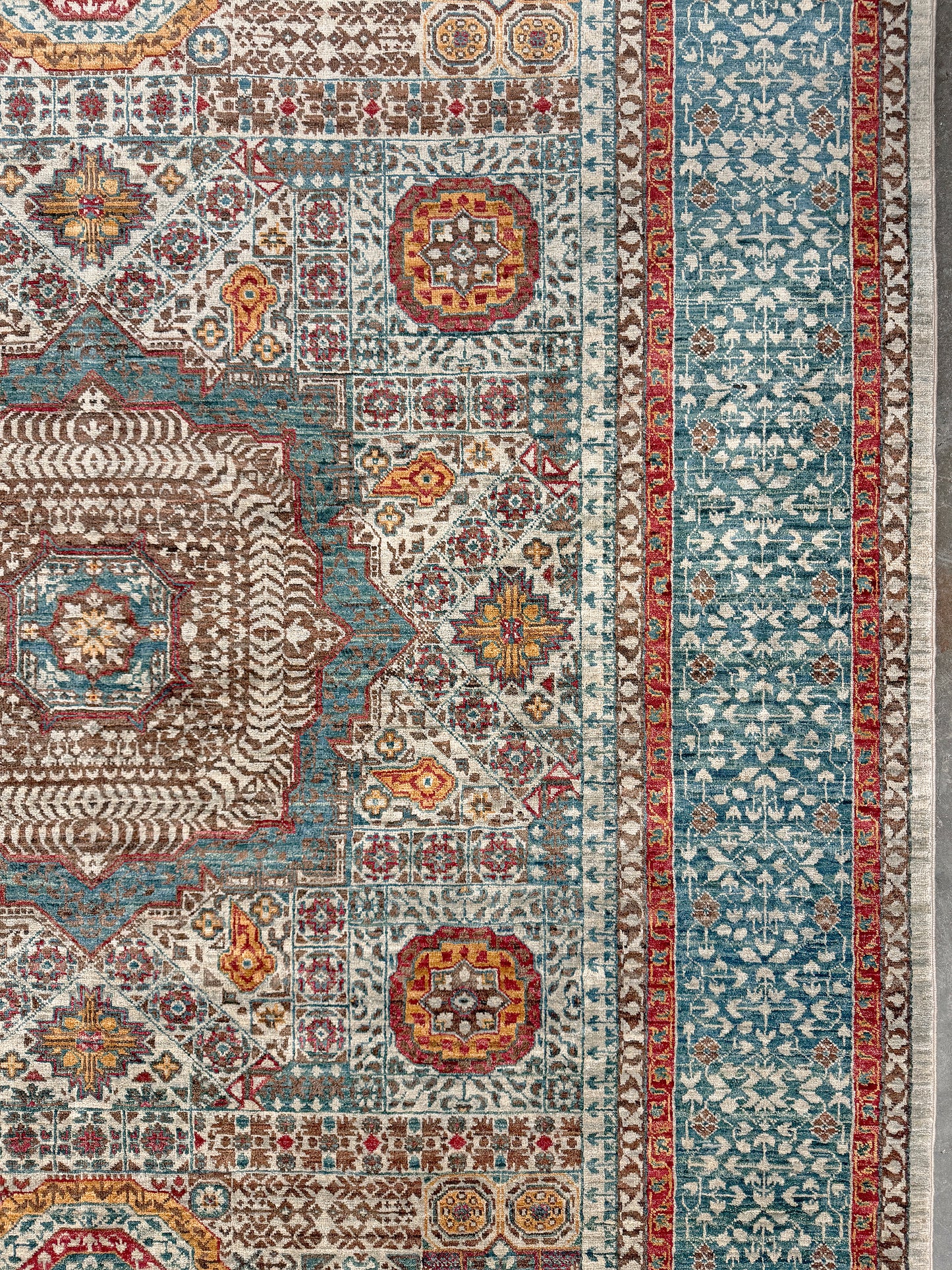 dusty teal 40x40 quality mamluk transitional handmade wool rug geometric medallion design warm ivory field 5x8 area rug indigo rugs san francisco bay area