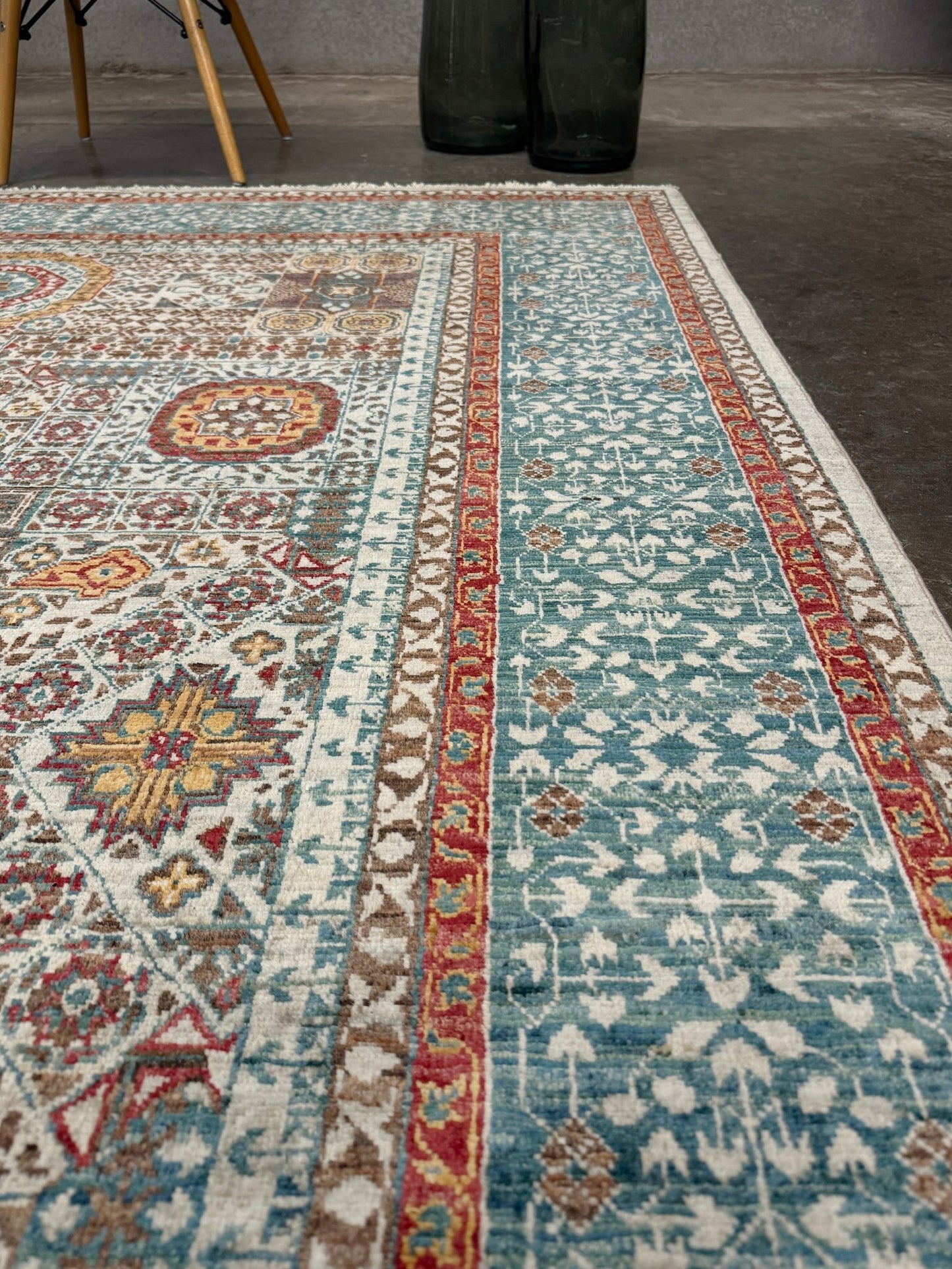 dusty teal 40x40 quality mamluk transitional handmade wool rug geometric medallion design warm ivory field 5x8 area rug indigo rugs san francisco bay area